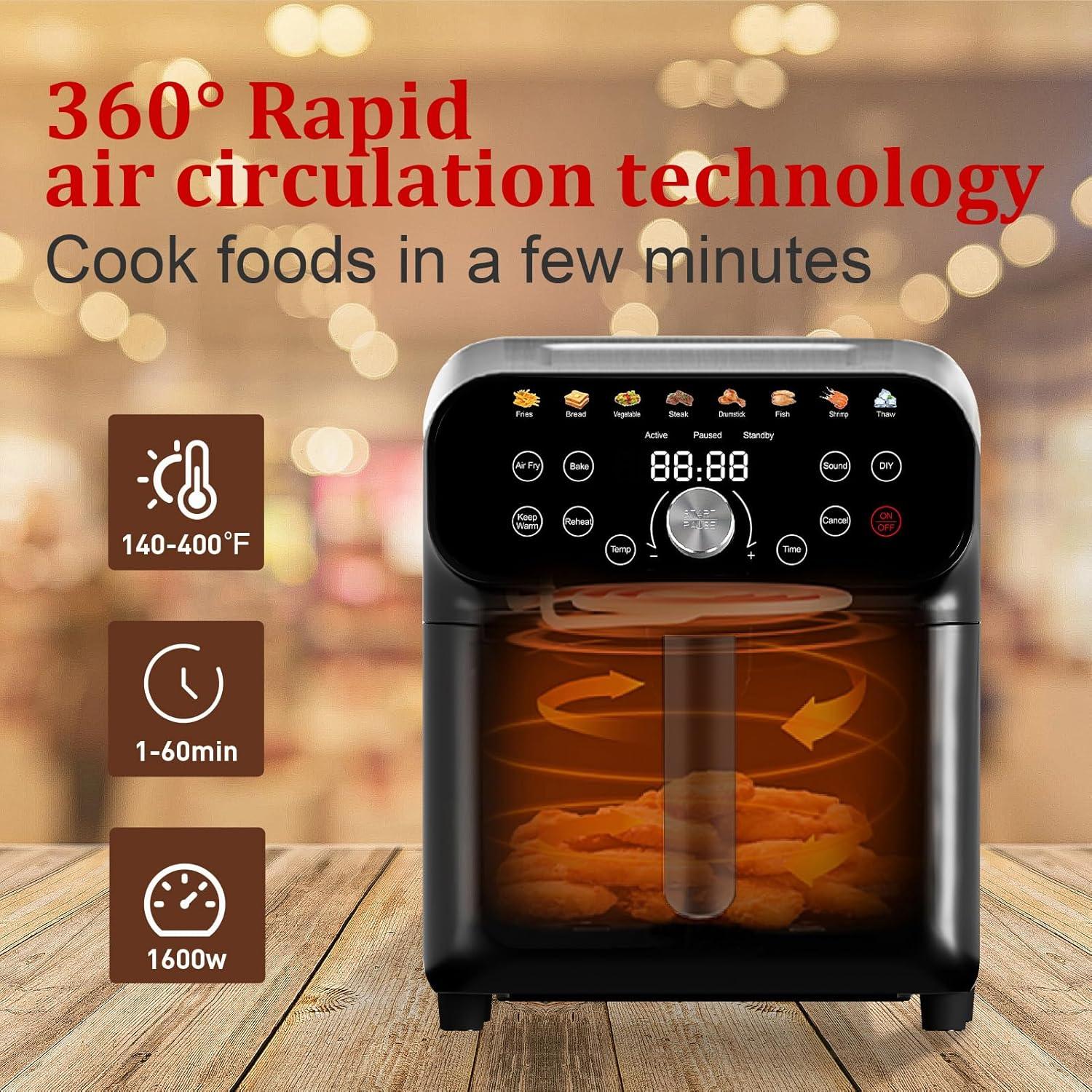 Air Fryer, 6.1QT Air Fryer Oven with LED Digital Touchscreen, 12 Preset Cooking Functions Air fryers,Roast, Warm-Up, Stay Warm, Stick-Free & Dishwasher-Friendly Basket, Stainless Steel/Black