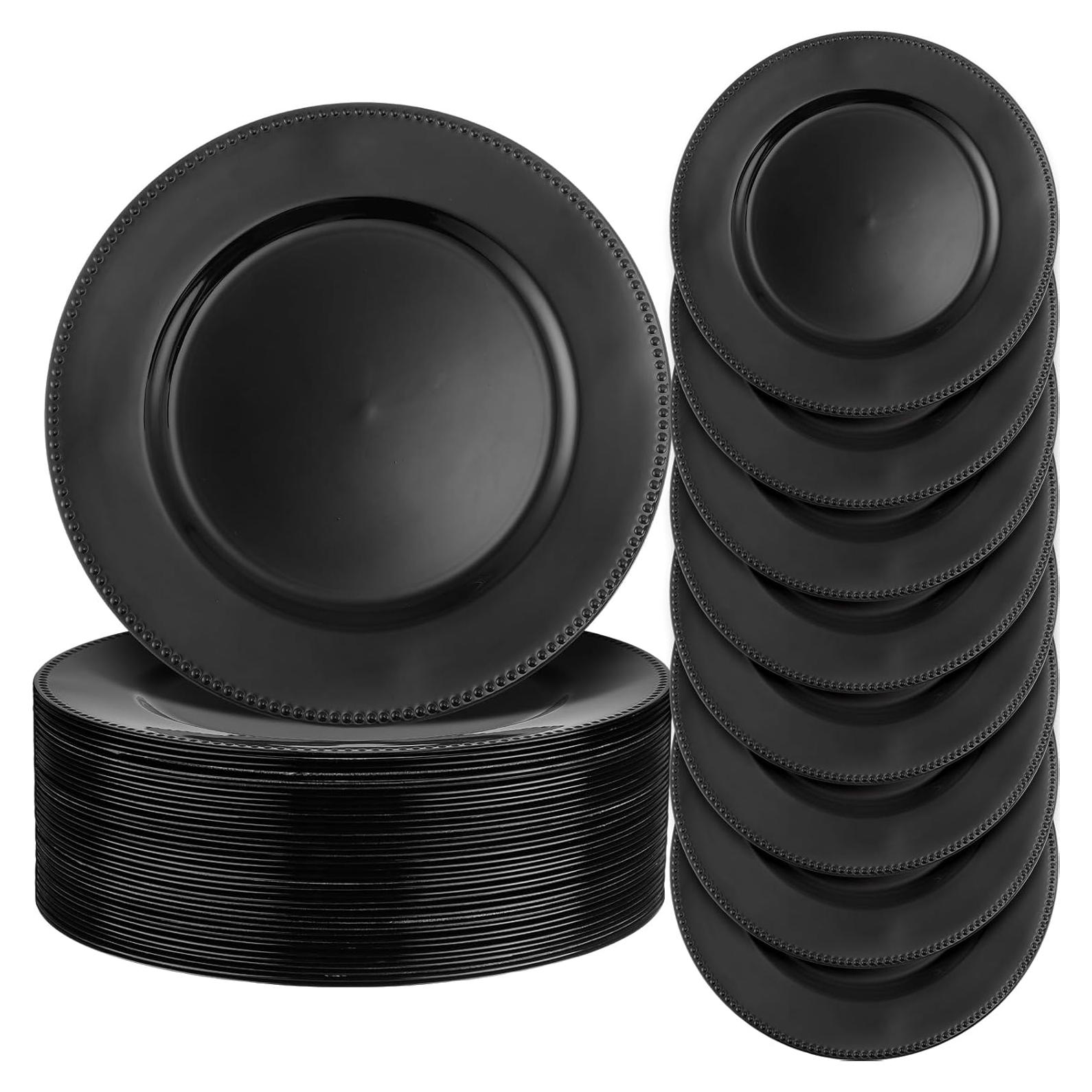 Jinei 36 Pack Beaded Charger Plates 13 Inch Round Charger Plates Vintage Table Decoration Reusable Dinner Tray for Table St Patricks Day Easter Wedding Holiday Party Decoration(Black)