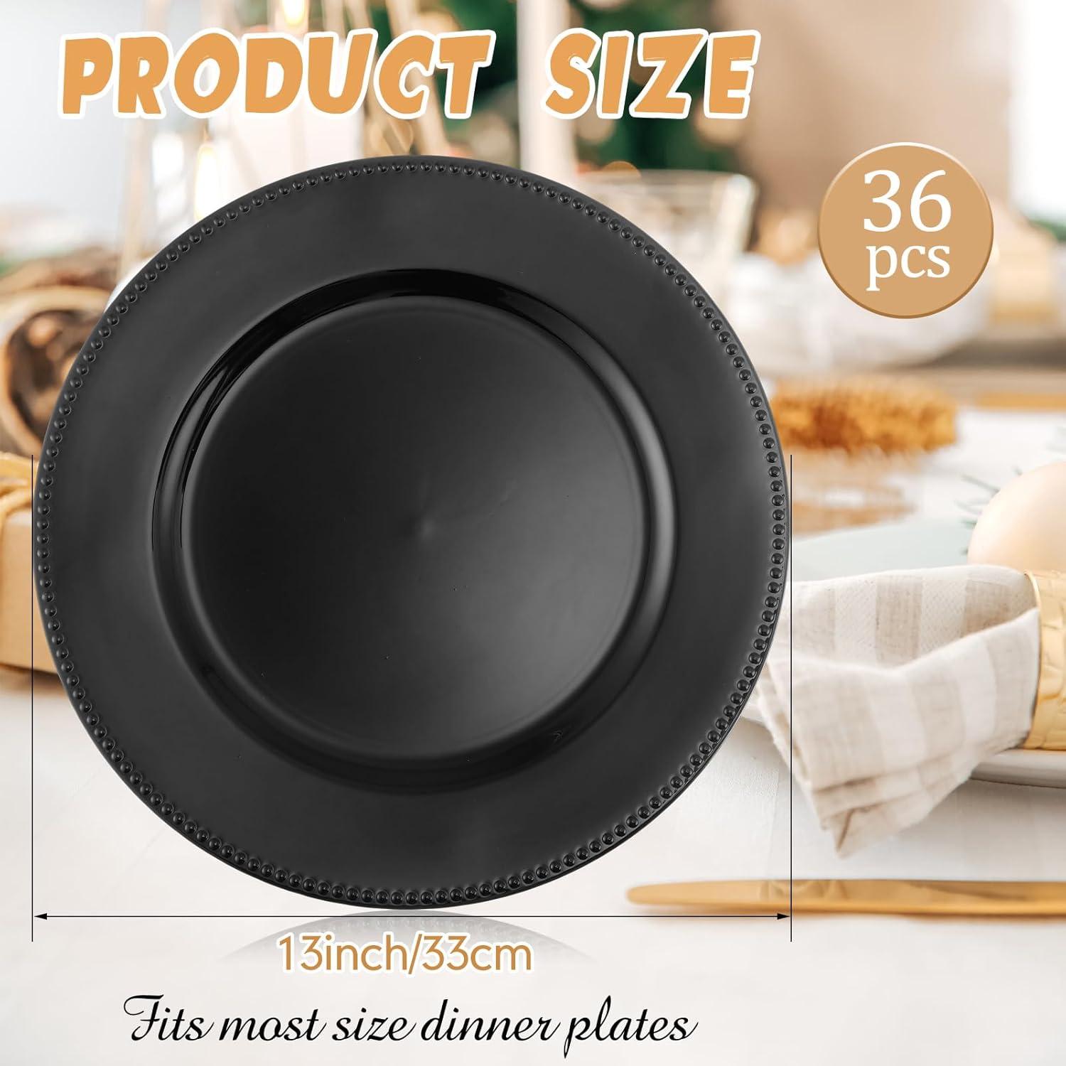 Jinei 36 Pack Beaded Charger Plates 13 Inch Round Charger Plates Vintage Table Decoration Reusable Dinner Tray for Table St Patricks Day Easter Wedding Holiday Party Decoration(Black)