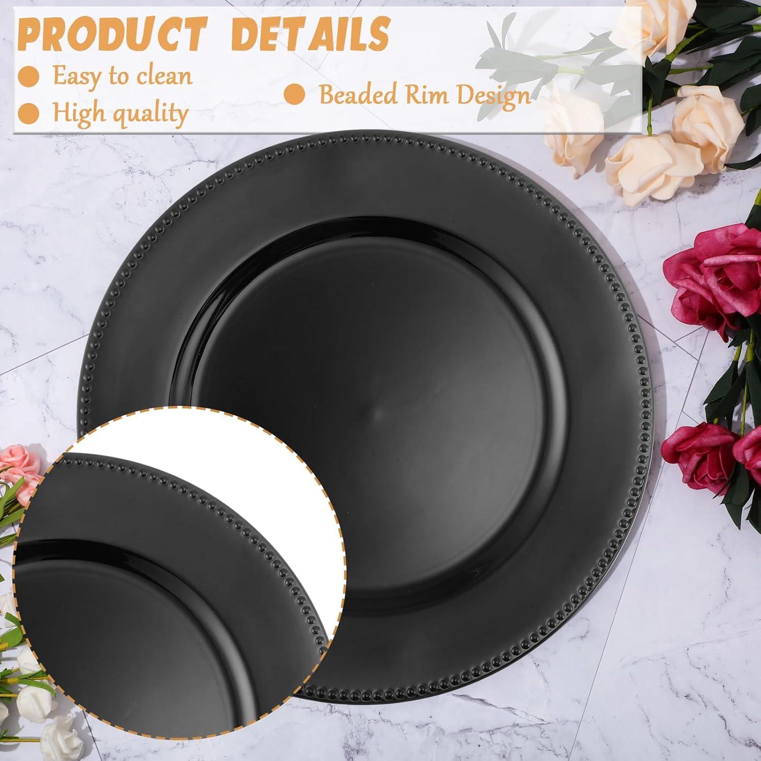Jinei 36 Pack Beaded Charger Plates 13 Inch Round Charger Plates Vintage Table Decoration Reusable Dinner Tray for Table St Patricks Day Easter Wedding Holiday Party Decoration(Black)
