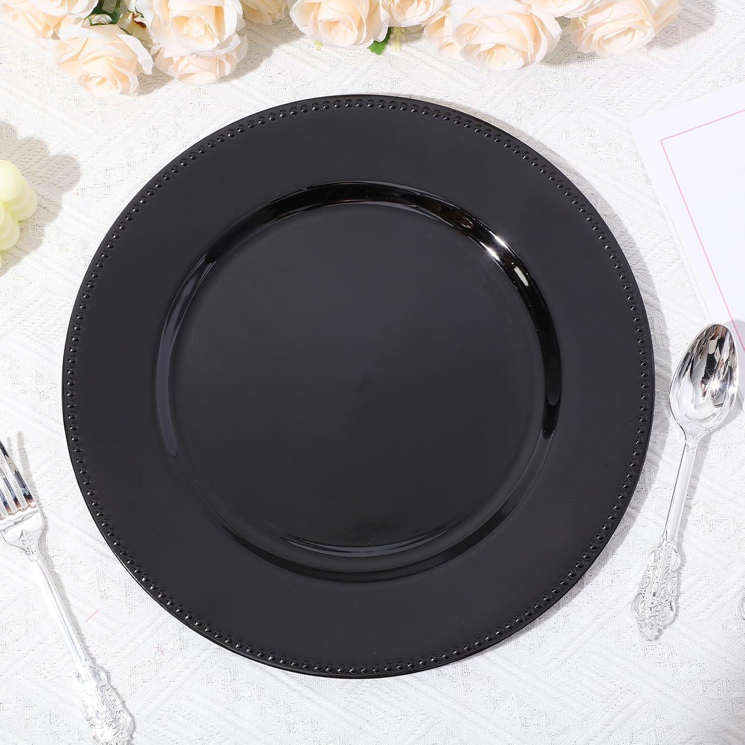 Jinei 36 Pack Beaded Charger Plates 13 Inch Round Charger Plates Vintage Table Decoration Reusable Dinner Tray for Table St Patricks Day Easter Wedding Holiday Party Decoration(Black)