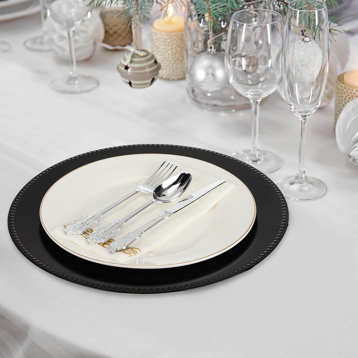 Jinei 36 Pack Beaded Charger Plates 13 Inch Round Charger Plates Vintage Table Decoration Reusable Dinner Tray for Table St Patricks Day Easter Wedding Holiday Party Decoration(Black)