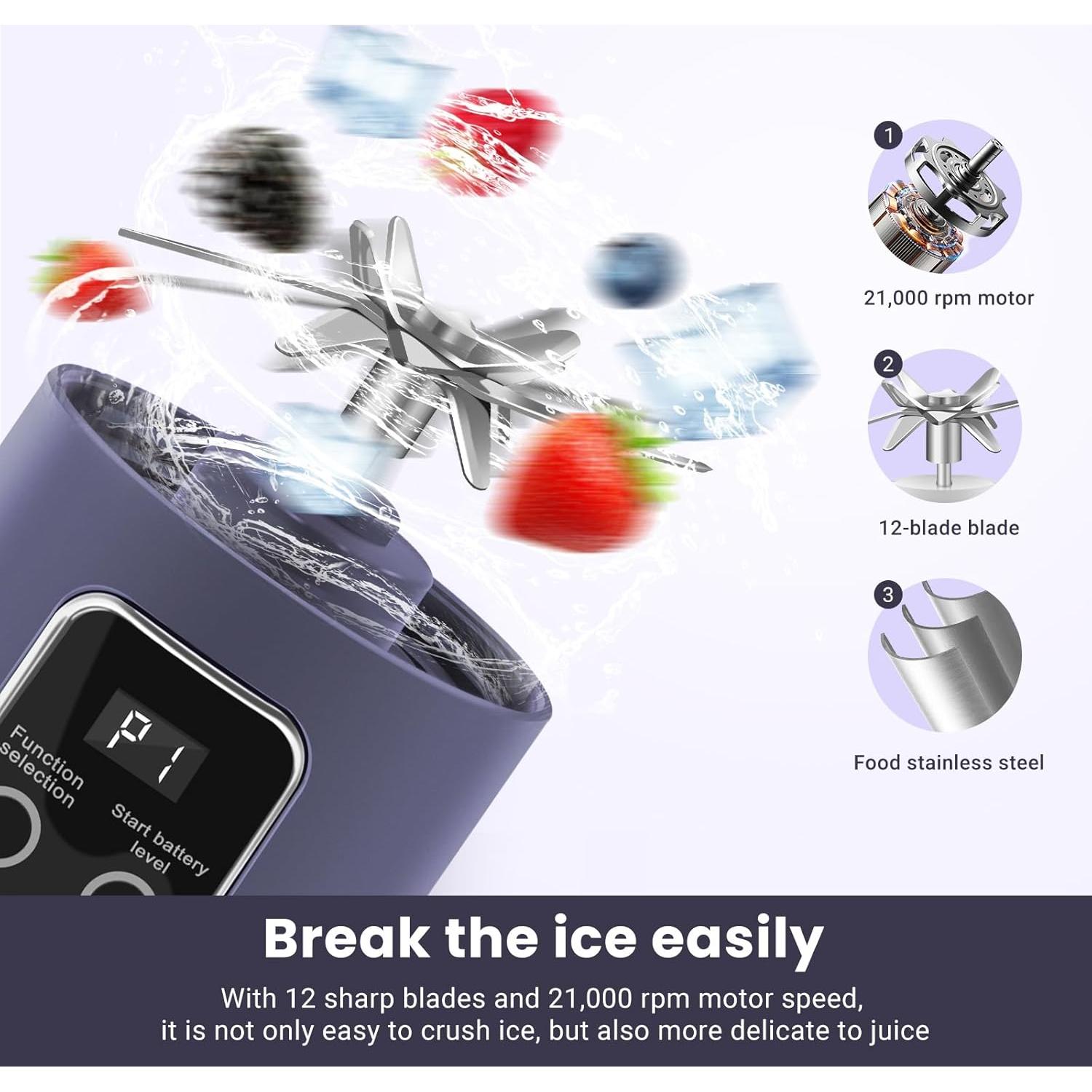 Licuadora Portátil PAKAY 500ml USB, 12 Cuchillas, Púrpura