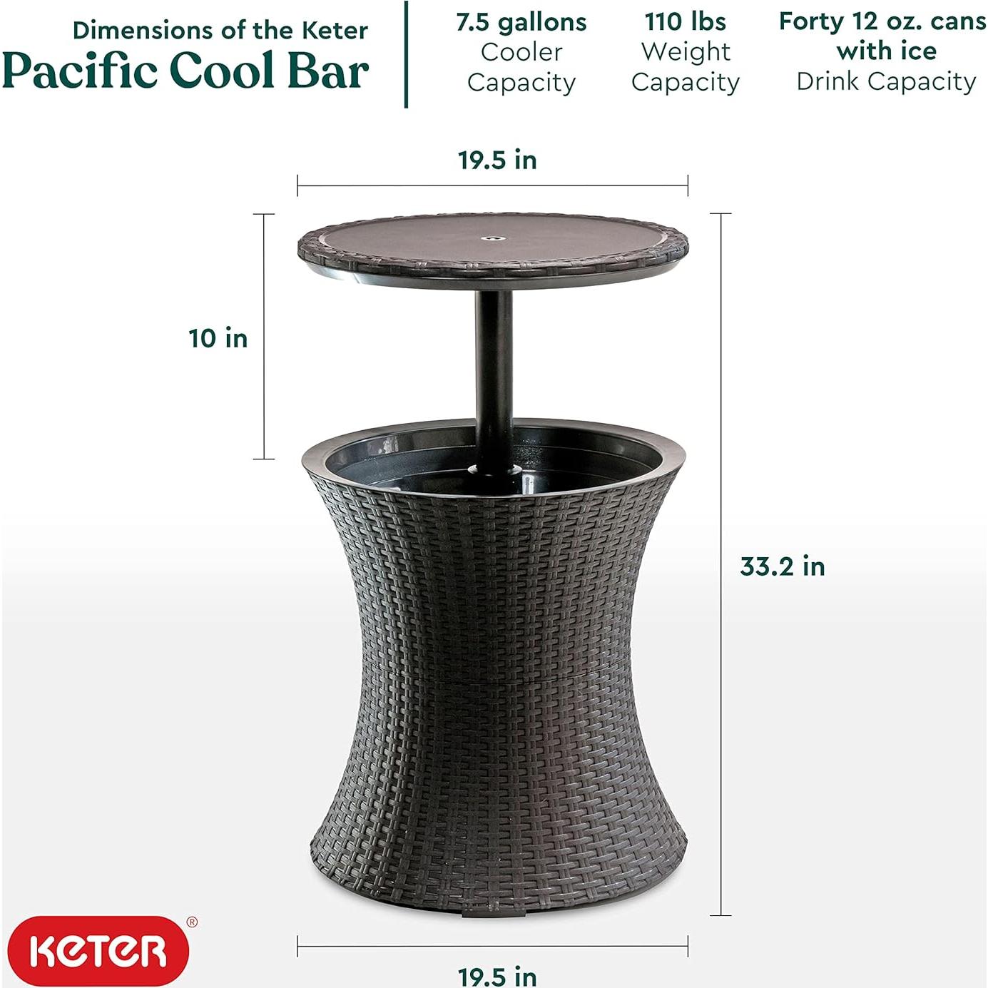 Keter Pacific Cool Bar Outdoor Patio Furniture and Hot Tub Side Table with 7.5 Gallon Beer and Wine Cooler, Espresso Brown