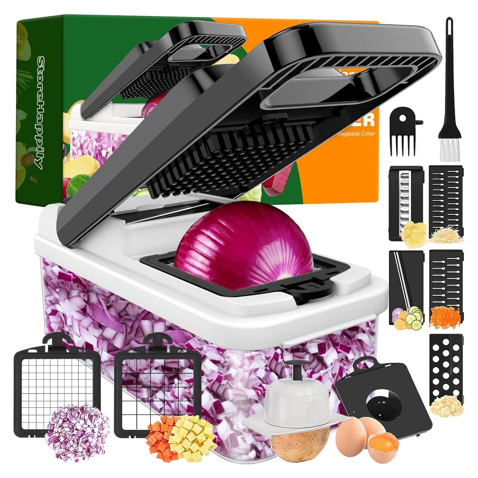 12-in-1 Vegetable Chopper, 7 Blades Veggie Chopper with Container and Lid, Dicer, Slicer, Multifunctional Kitchen Gadgets, Vegetable Cutter with Handle, Onion Cutter(Black/White)