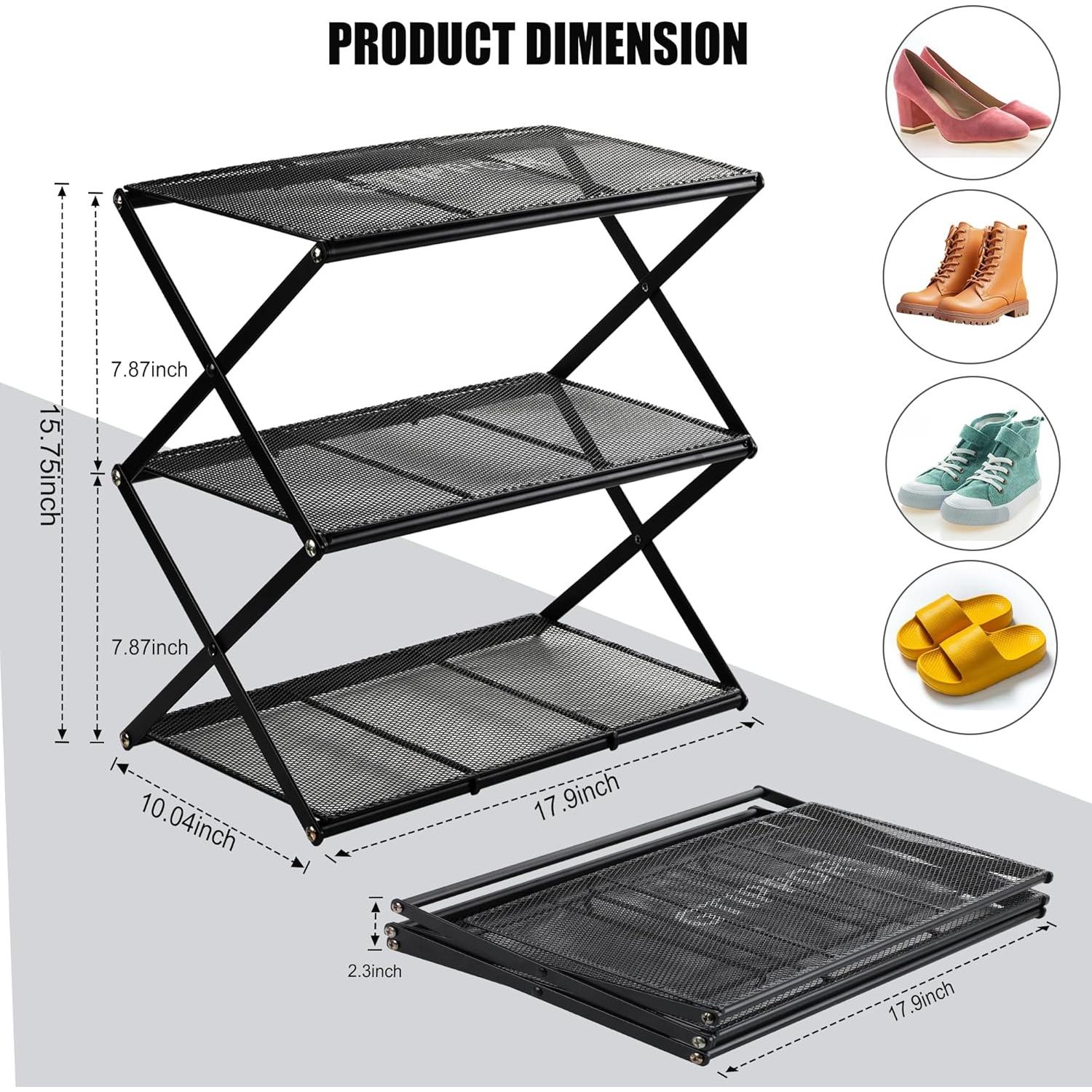 Small Shoe Rack for Entryway - 3 Tier Shoe Organizer Metal Foldable Shoes Storage Rack, Zero Tool Install, Sturdy Shoe Rack for Closet, Front Door Entrance, Living Room - Space Saving, Black