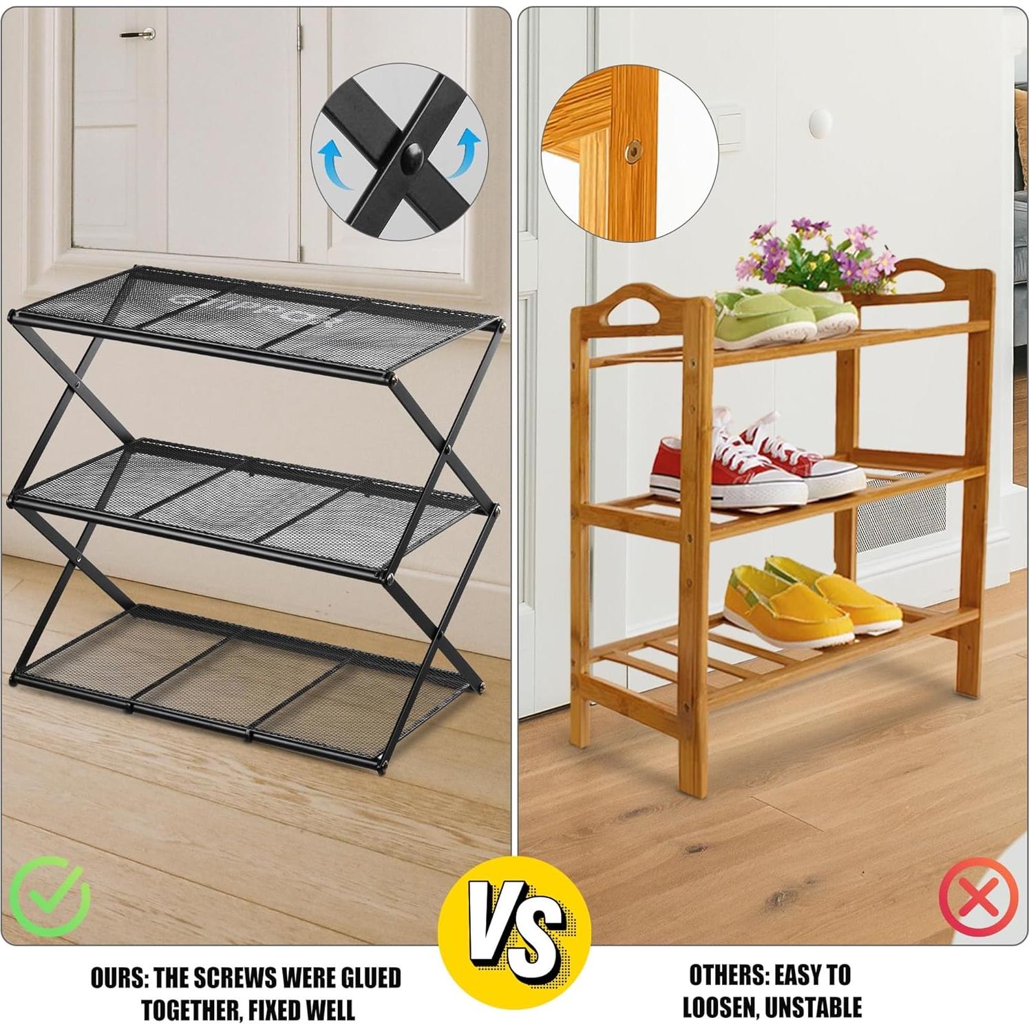 Small Shoe Rack for Entryway - 3 Tier Shoe Organizer Metal Foldable Shoes Storage Rack, Zero Tool Install, Sturdy Shoe Rack for Closet, Front Door Entrance, Living Room - Space Saving, Black