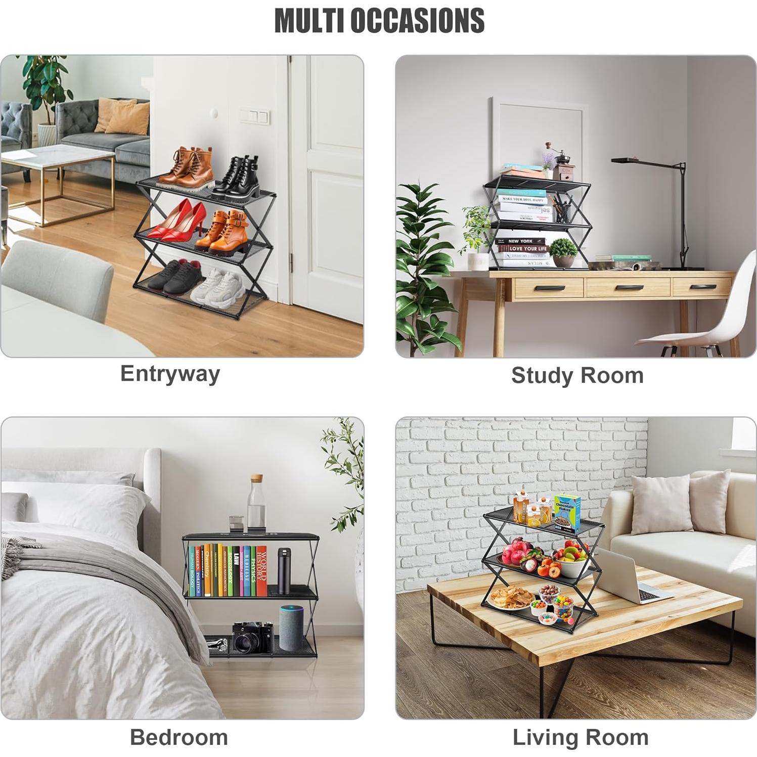 Small Shoe Rack for Entryway - 3 Tier Shoe Organizer Metal Foldable Shoes Storage Rack, Zero Tool Install, Sturdy Shoe Rack for Closet, Front Door Entrance, Living Room - Space Saving, Black