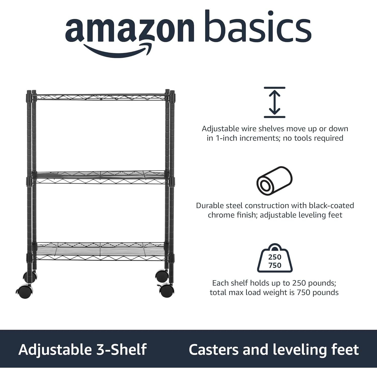 Amazon Basics 3-Shelf Adjustable, Heavy Duty Storage Shelving Unit on 2'' PP Plastic Wheel Casters, Metal Organizer Wire Rack, 23.2" L x 13.4" W x 32.75" H, Black