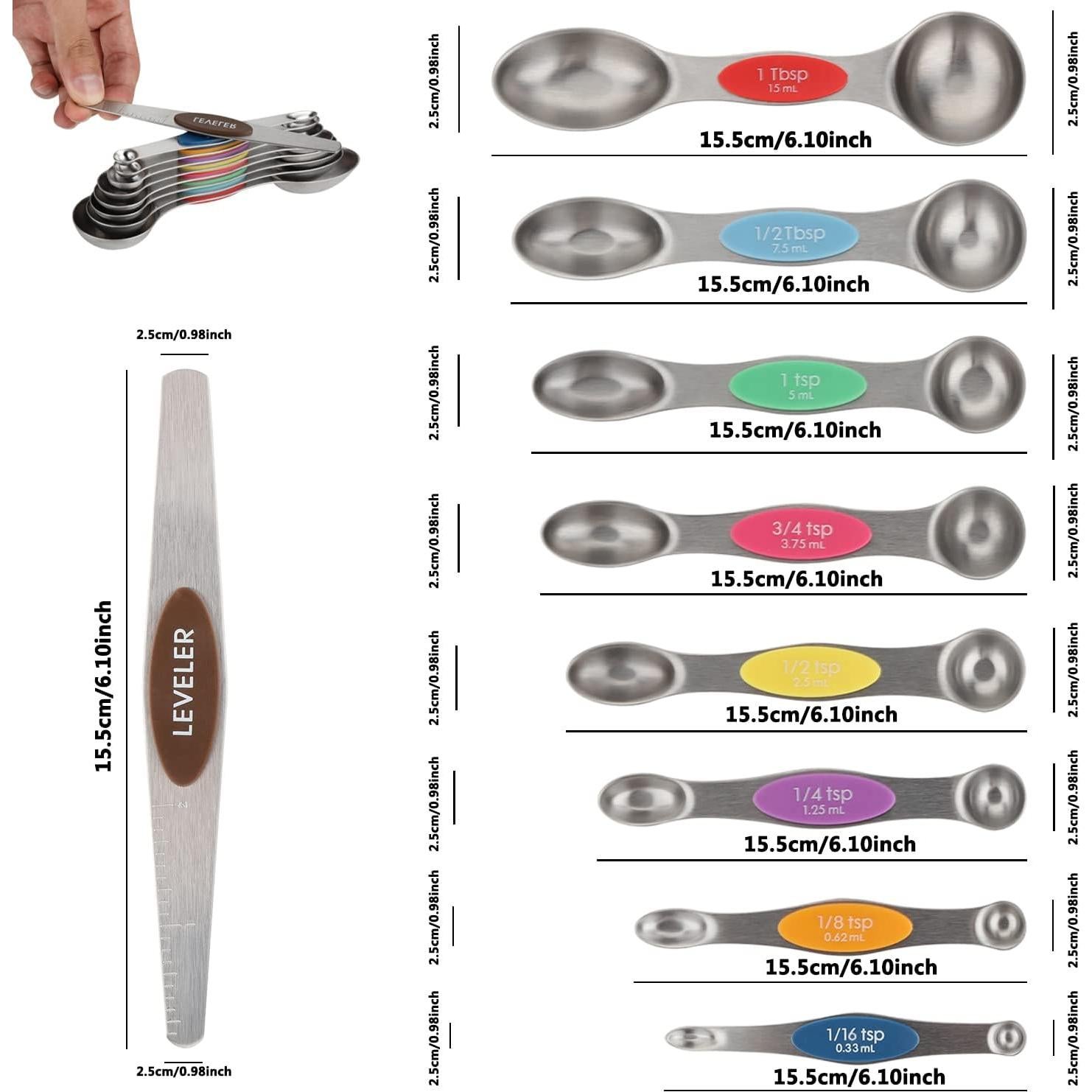 Magnetic Measuring Spoons Set of 9 Dual Sided Stainless Steel Measuring Spoons Stackable Nesting Tablespoon Teaspoon, Fits in Spice Jars, for Dry or Liquid Ingredients