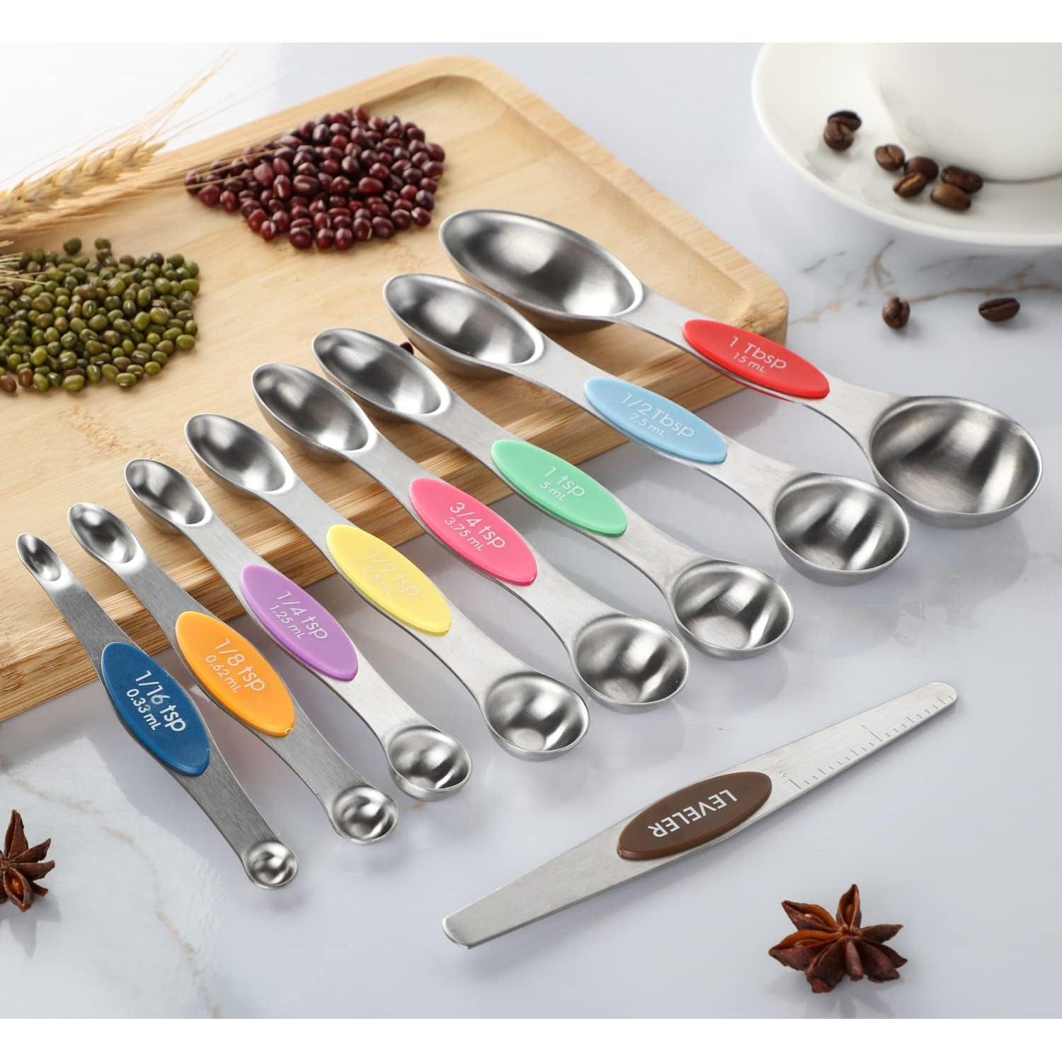 Magnetic Measuring Spoons Set of 9 Dual Sided Stainless Steel Measuring Spoons Stackable Nesting Tablespoon Teaspoon, Fits in Spice Jars, for Dry or Liquid Ingredients