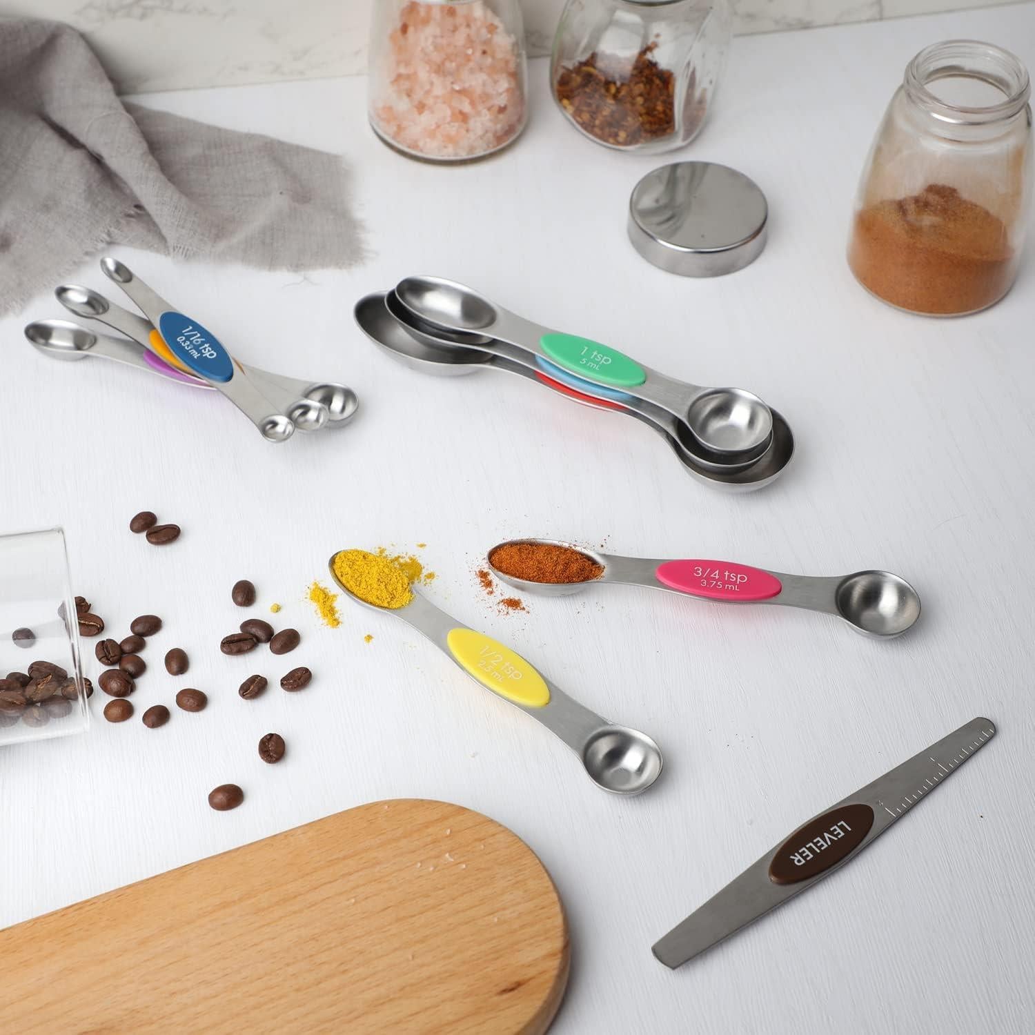 Magnetic Measuring Spoons Set of 9 Dual Sided Stainless Steel Measuring Spoons Stackable Nesting Tablespoon Teaspoon, Fits in Spice Jars, for Dry or Liquid Ingredients