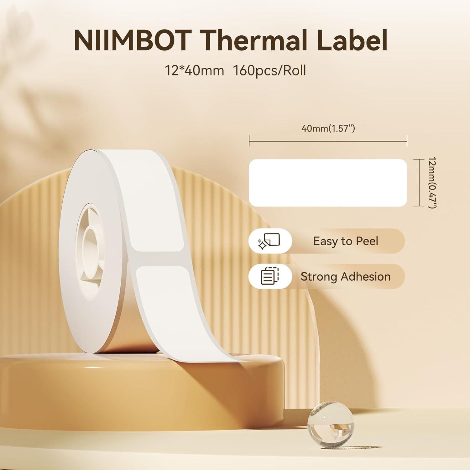 NIIMBOT Label Tape, Thermal Paper Self-Adhesive Label Tape,Compatible with D11/D110/D101/H1S Label Maker,Tape Replacement 12 x 40 mm (0.47 x 1.57 Inch) 160 Tapes/Roll, 3-Roll (White)