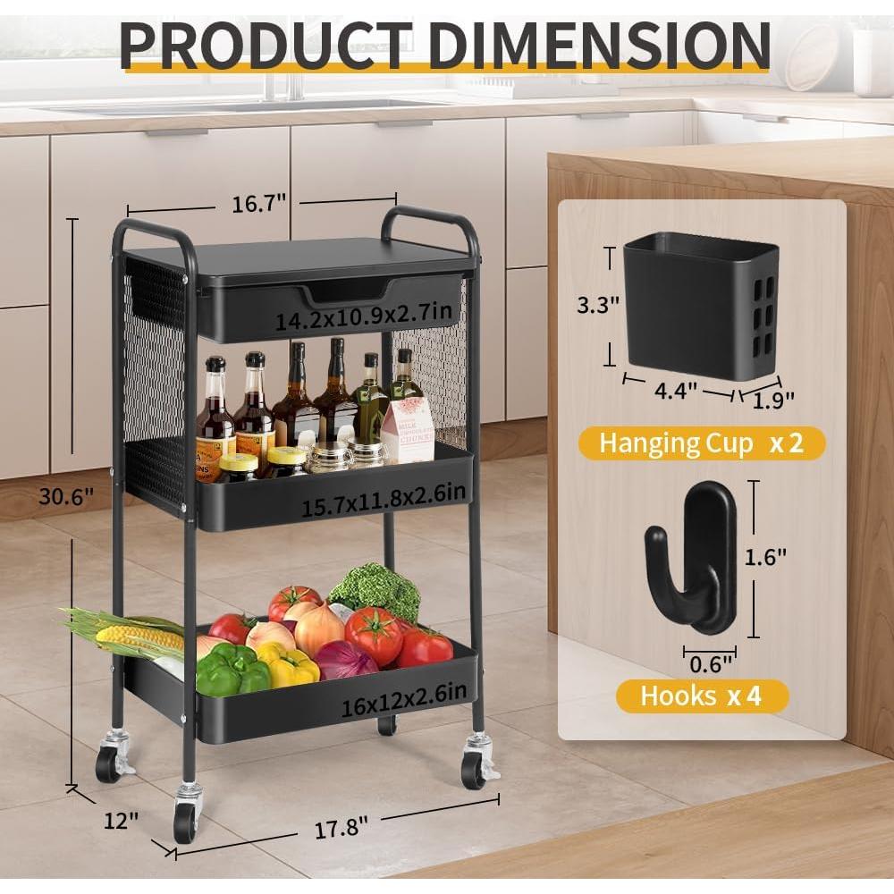Carro Rodante de 3 Niveles CRUDATE con Cajón y Ruedas