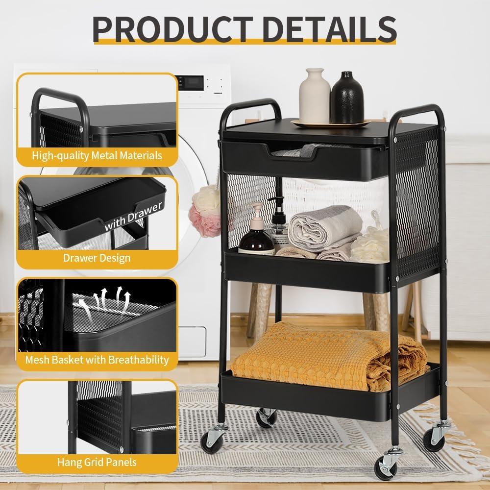 Carro Rodante de 3 Niveles CRUDATE con Cajón y Ruedas