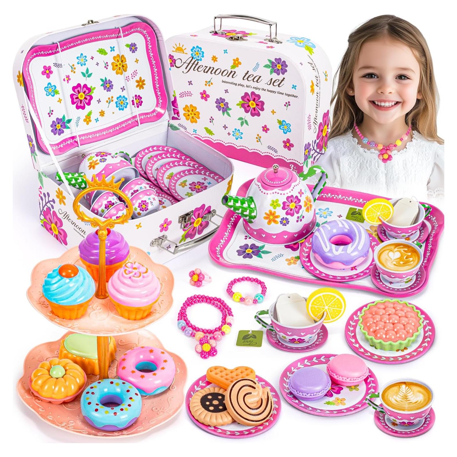 Kids Tea Party Set for Little Girls, Flower Toy Tin Tea Set with Carry Case, Dessert Play Food Tea Cup Set Teapot Girl Jewelry, Birthday for Girls Kids 3 4 5 6 7 Years Old