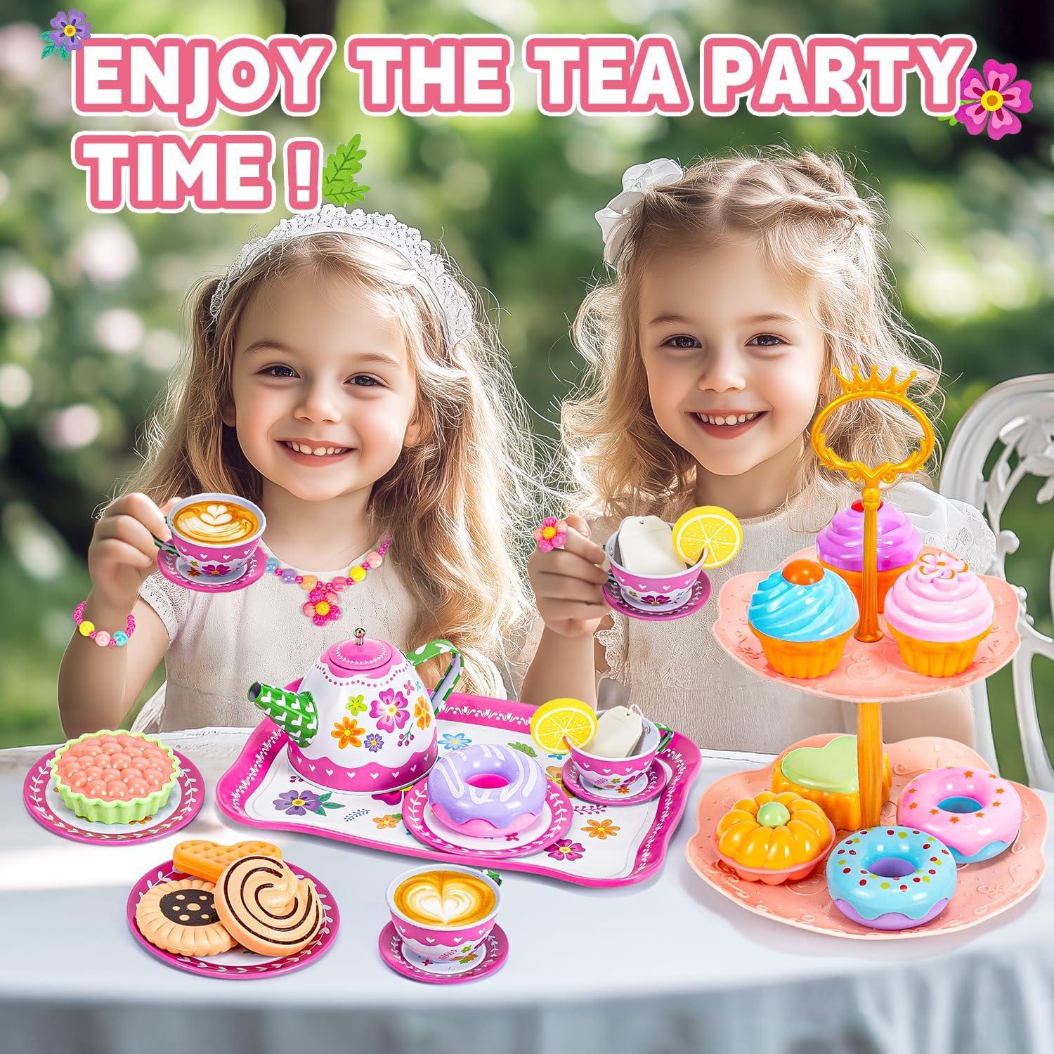 Kids Tea Party Set for Little Girls, Flower Toy Tin Tea Set with Carry Case, Dessert Play Food Tea Cup Set Teapot Girl Jewelry, Birthday for Girls Kids 3 4 5 6 7 Years Old