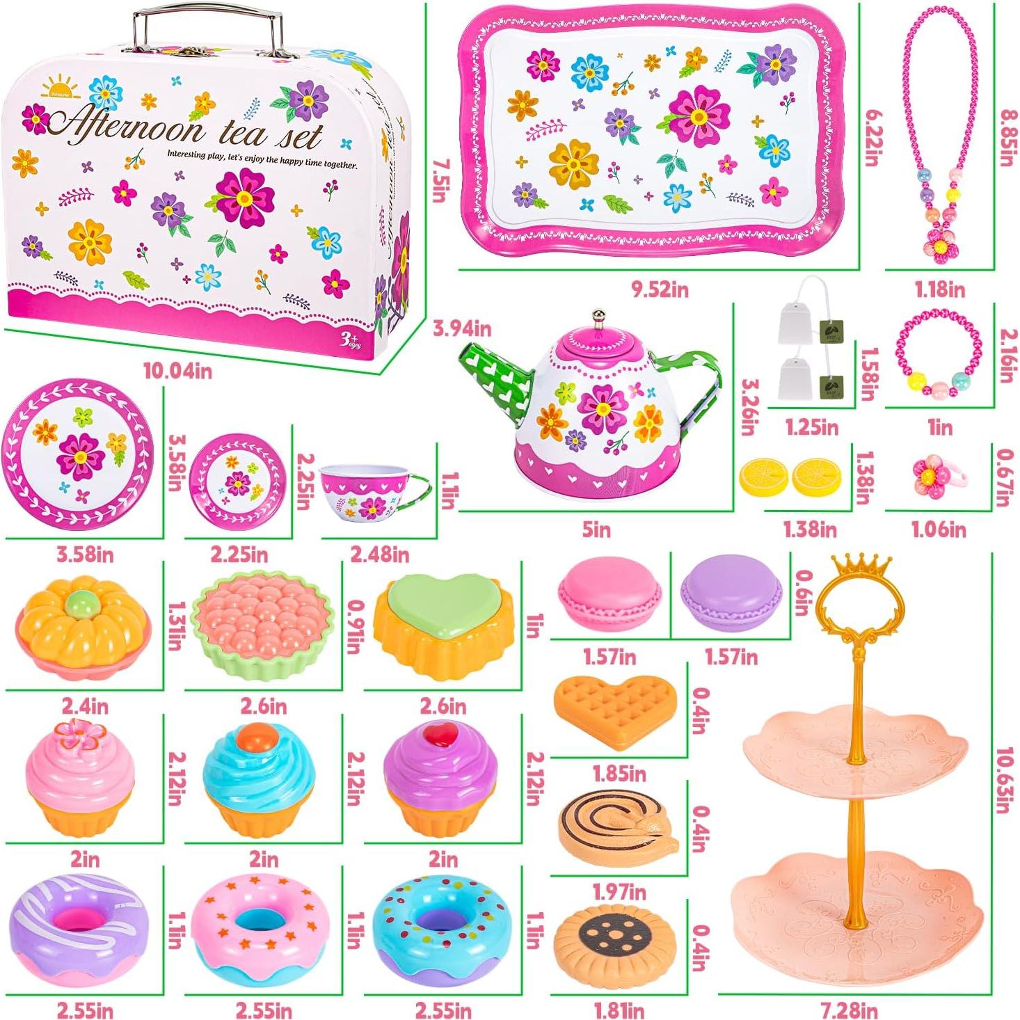 Kids Tea Party Set for Little Girls, Flower Toy Tin Tea Set with Carry Case, Dessert Play Food Tea Cup Set Teapot Girl Jewelry, Birthday for Girls Kids 3 4 5 6 7 Years Old