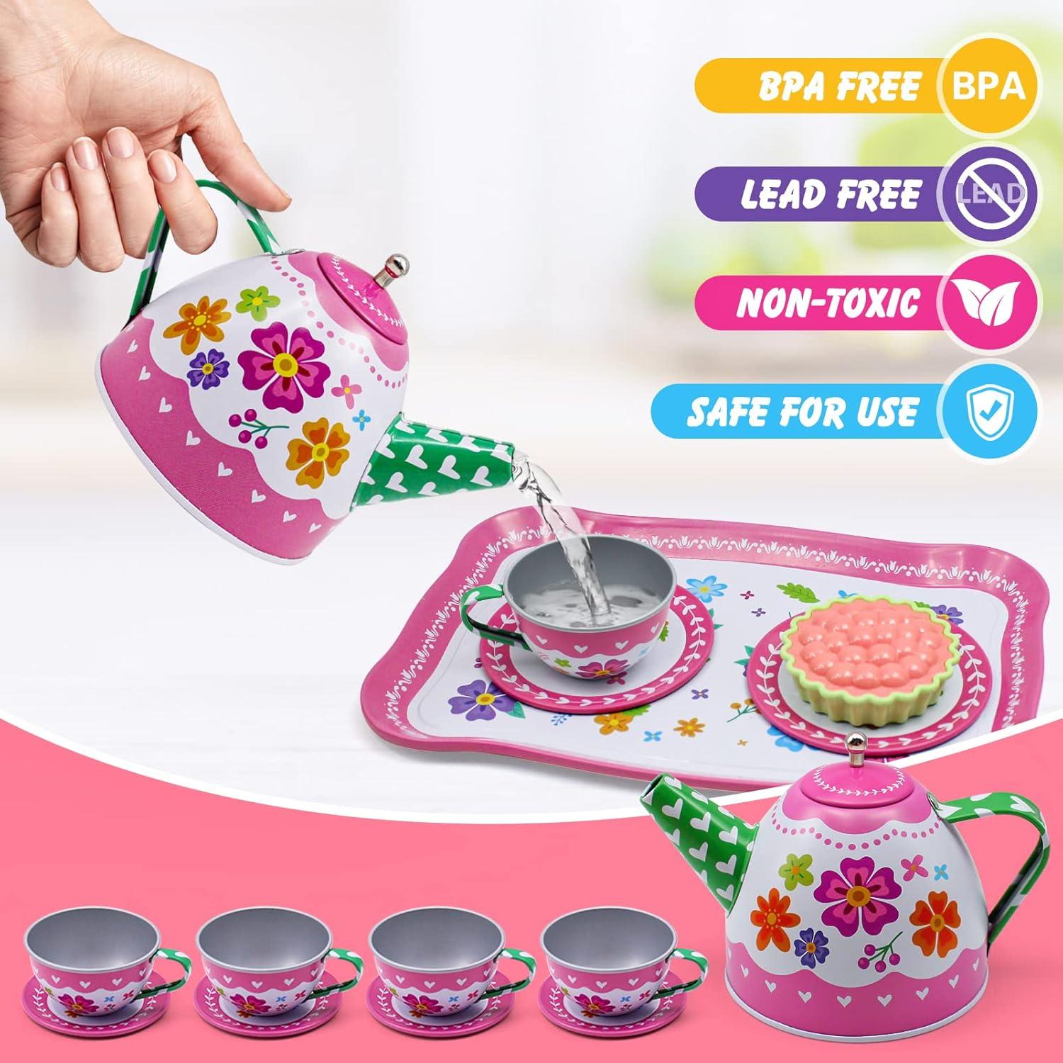 Kids Tea Party Set for Little Girls, Flower Toy Tin Tea Set with Carry Case, Dessert Play Food Tea Cup Set Teapot Girl Jewelry, Birthday for Girls Kids 3 4 5 6 7 Years Old