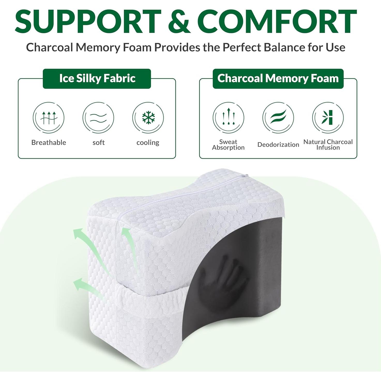 Knee Pillow for Side Sleepers with Straps, Charcoal Memory Foam Leg & Knee Pillow for Hip Pain, Back Pain, Sciatica Pain Relief, Pregnancy, Knee Support Pillow for Sleeping