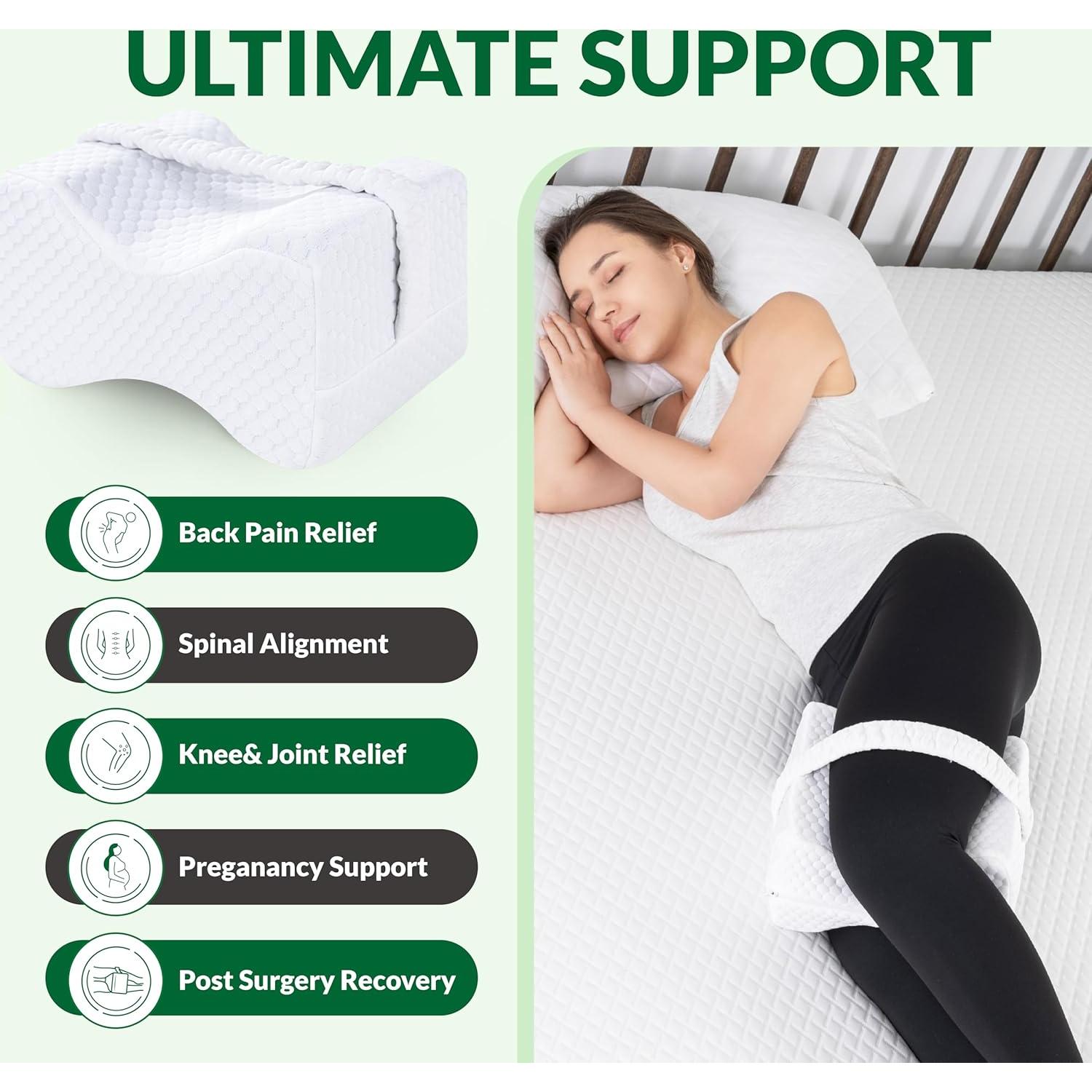 Knee Pillow for Side Sleepers with Straps, Charcoal Memory Foam Leg & Knee Pillow for Hip Pain, Back Pain, Sciatica Pain Relief, Pregnancy, Knee Support Pillow for Sleeping