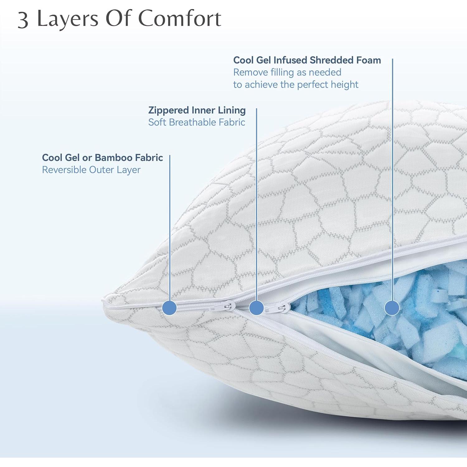 Cool Gel Cooling Pillow for Hot Sleepers - Standard Size Shredded Memory Foam Pillows for Sleeping - Adjustable Neck & Shoulder Support, Reversible Cover, Hypoallergenic & Breathable