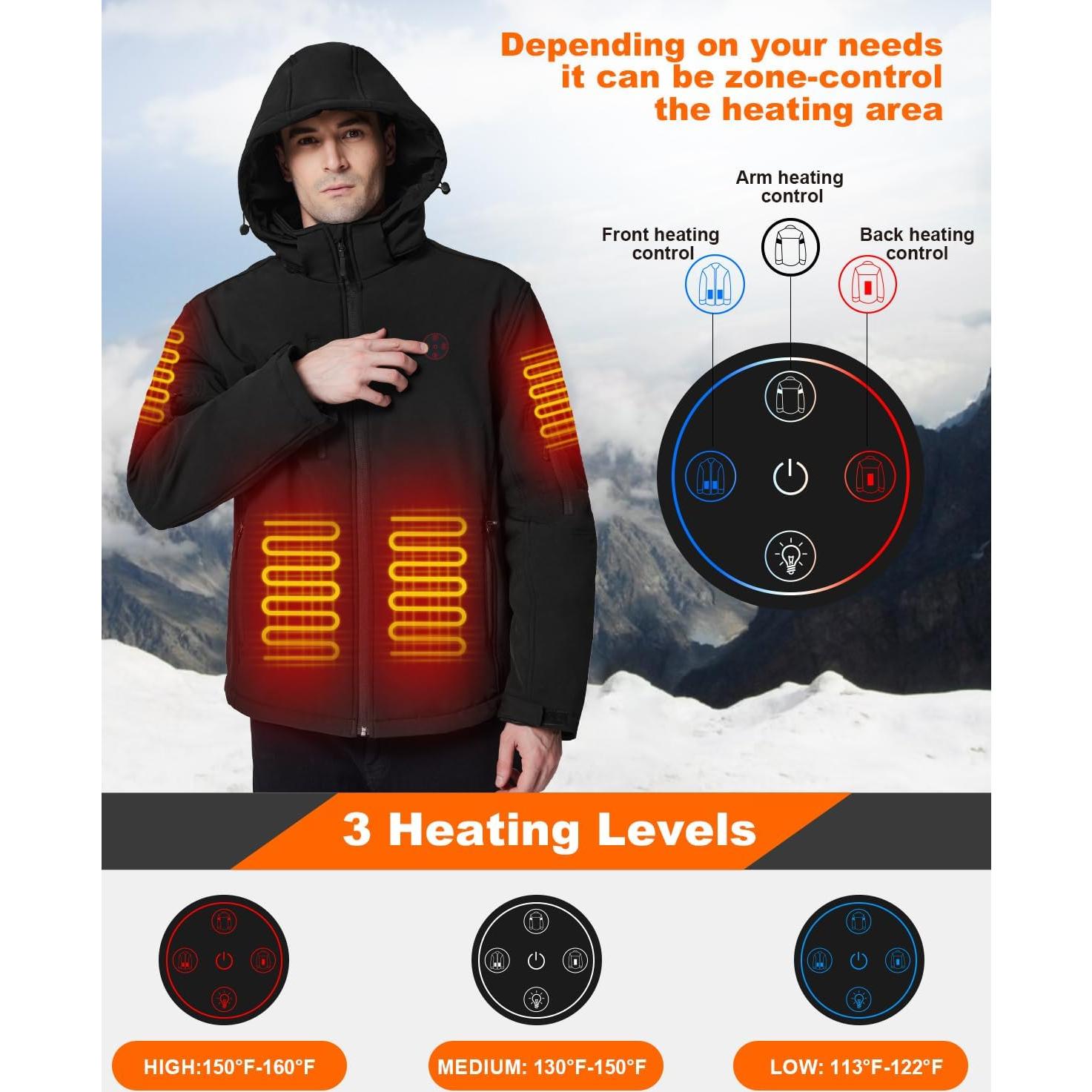 Heated Jacket for Men with 7.4V Battery Pack and Detachable Hood, Windproof Soft Shell Electric Heating Coat