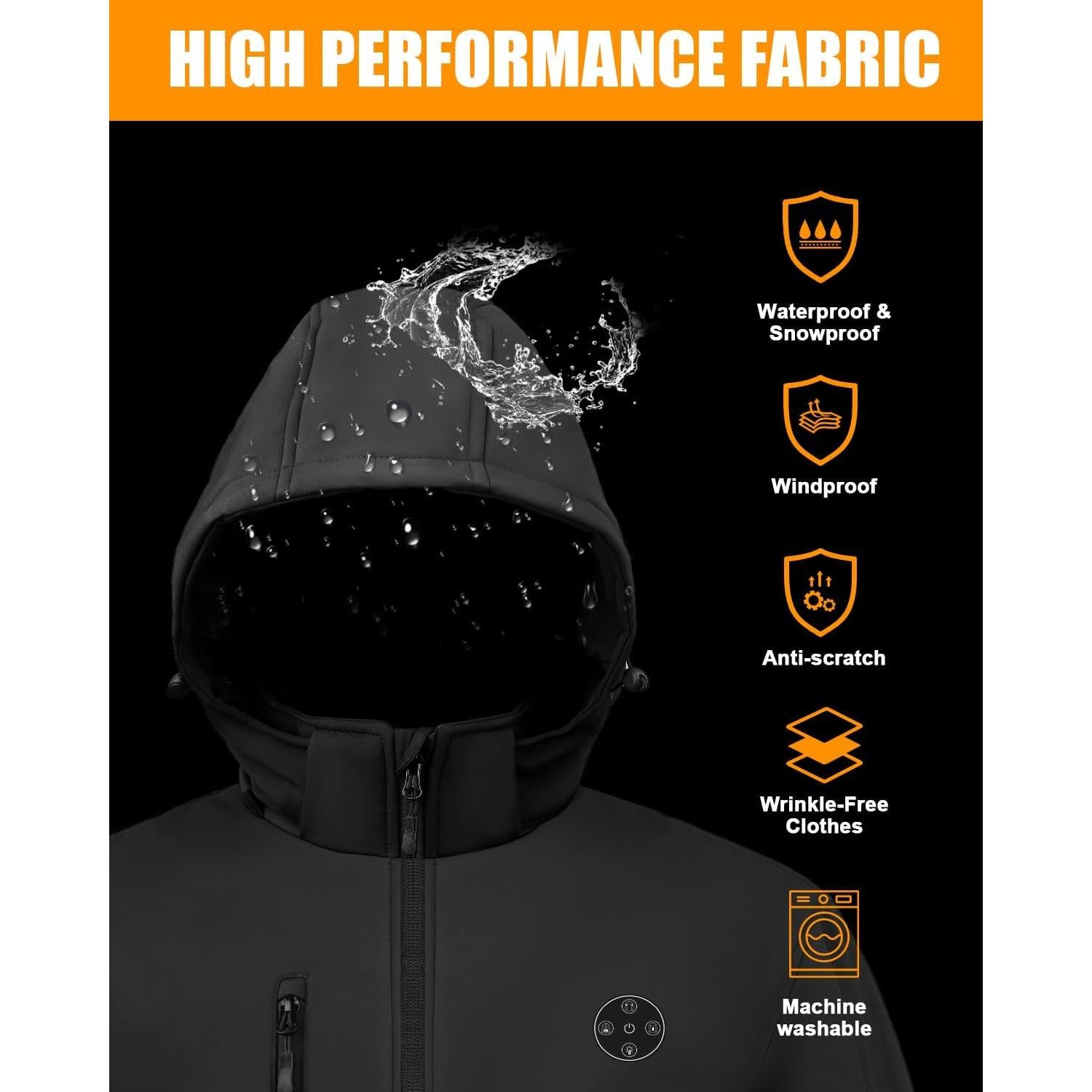 Heated Jacket for Men with 7.4V Battery Pack and Detachable Hood, Windproof Soft Shell Electric Heating Coat