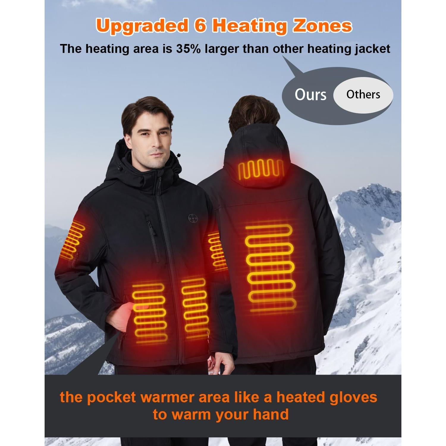 Heated Jacket for Men with 7.4V Battery Pack and Detachable Hood, Windproof Soft Shell Electric Heating Coat