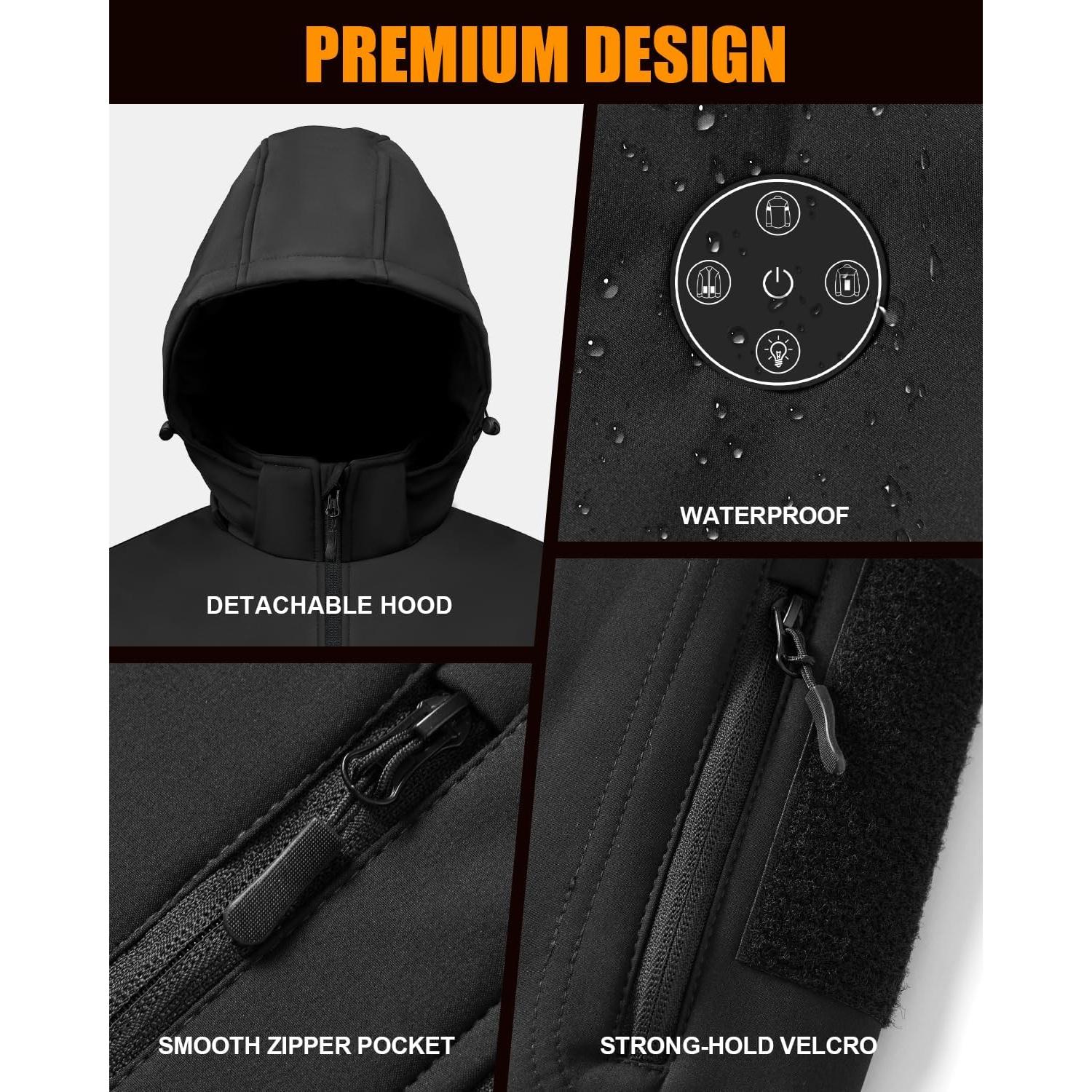 Heated Jacket for Men with 7.4V Battery Pack and Detachable Hood, Windproof Soft Shell Electric Heating Coat