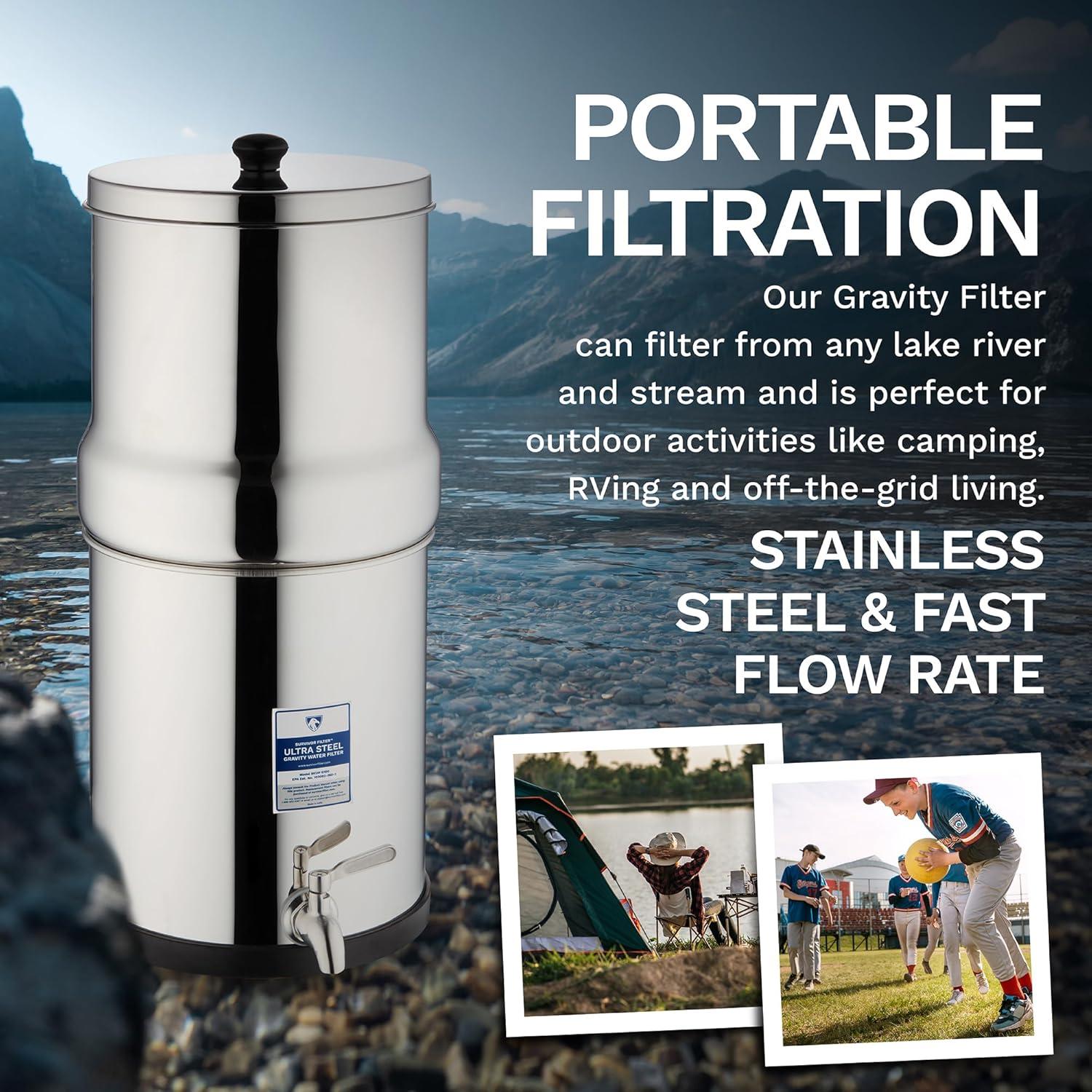 Filtro de Agua Gravity Survivor 8.5L Acero Inoxidable con Soporte