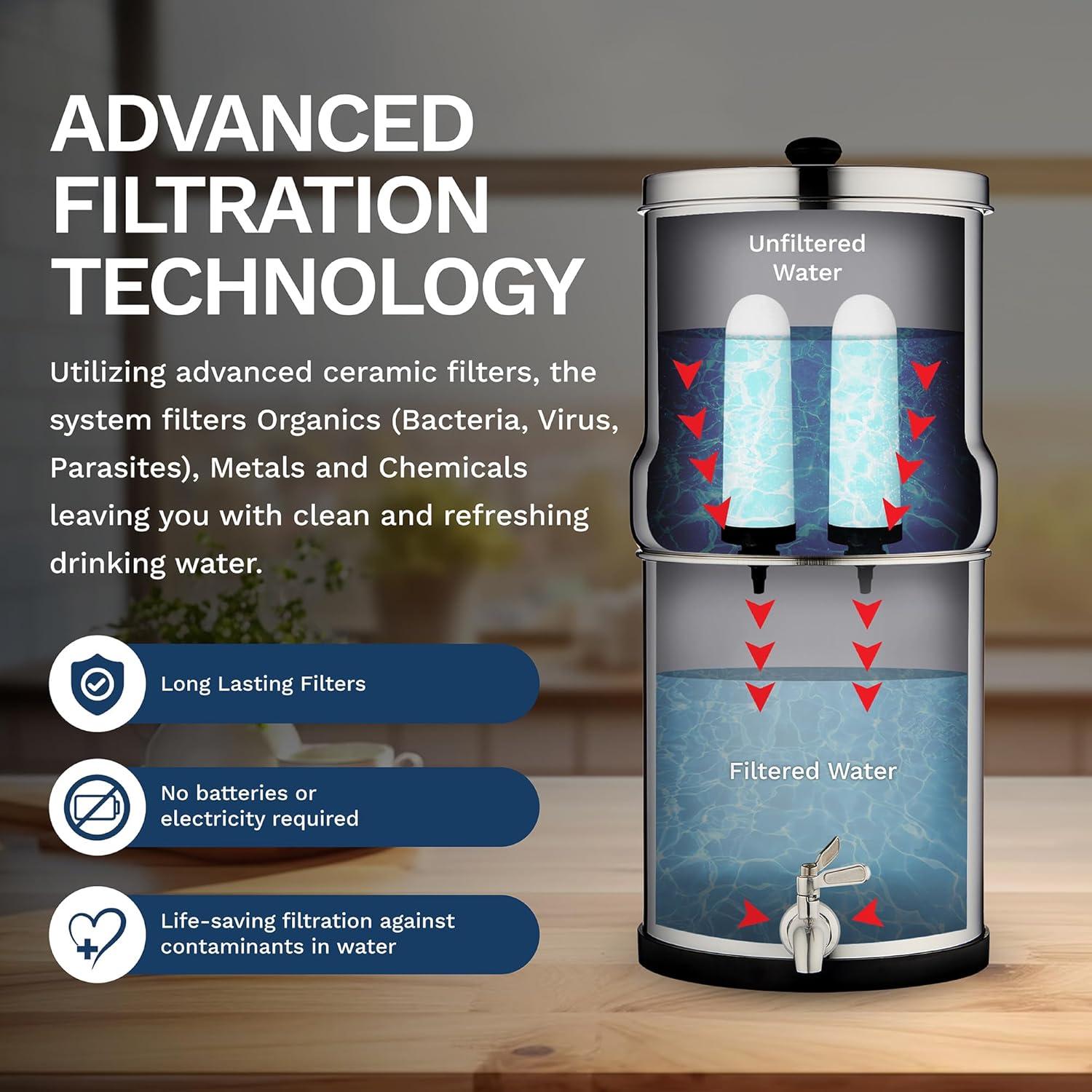 Filtro de Agua Gravity Survivor 8.5L Acero Inoxidable con Soporte