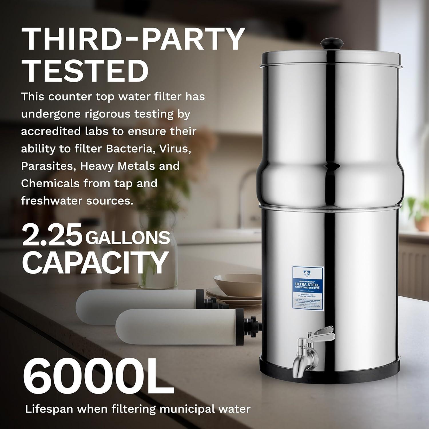 Filtro de Agua Gravity Survivor 8.5L Acero Inoxidable con Soporte