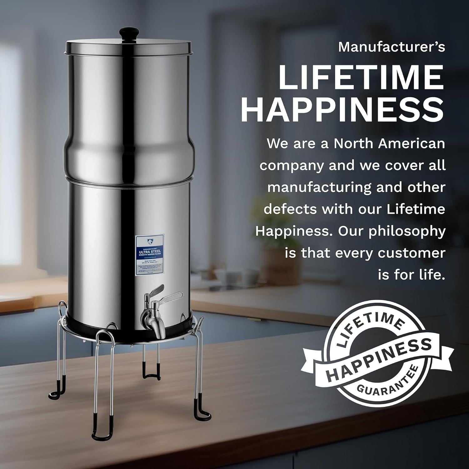 Filtro de Agua Gravity Survivor 8.5L Acero Inoxidable con Soporte