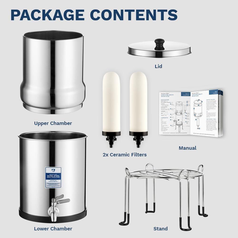 Filtro de Agua Gravity Survivor 8.5L Acero Inoxidable con Soporte