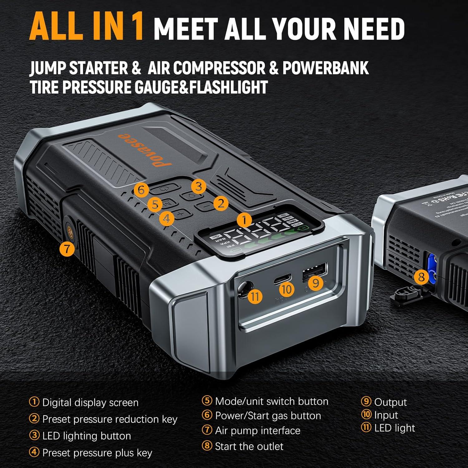 Arrancador de Salto Povasee A6 con Compresor 5000A 12V