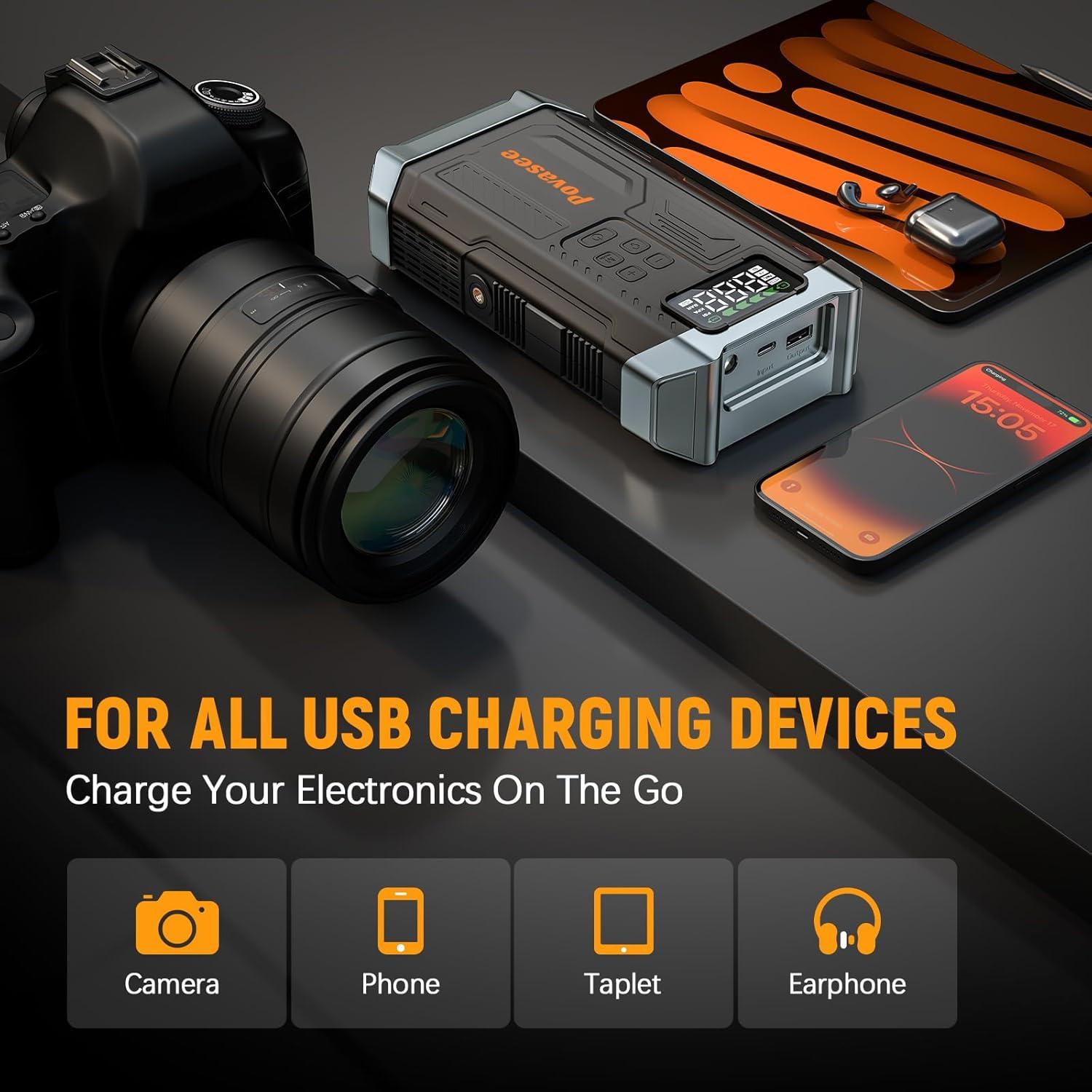 Arrancador de Salto Povasee A6 con Compresor 5000A 12V