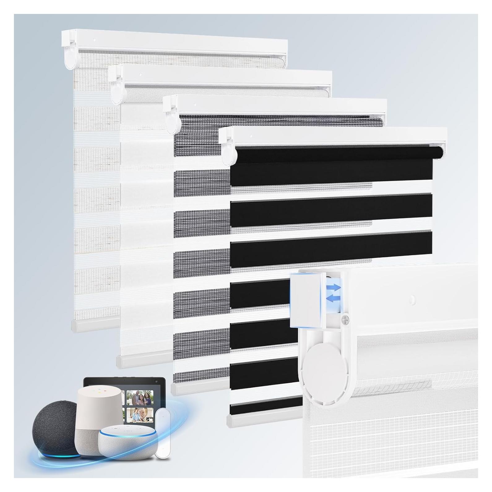 Grandekor Motorized Zebra Blinds with Remote Control,No Drill No Tools Cordless Dual Layer Zebra Blinds for Windows,Electric Zebra Shades Custom Size