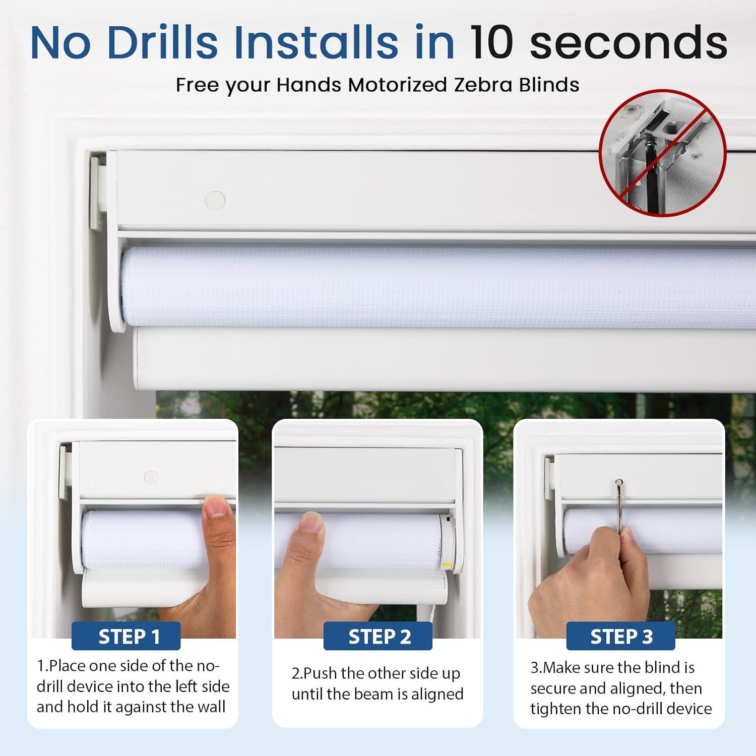 Grandekor Motorized Zebra Blinds with Remote Control,No Drill No Tools Cordless Dual Layer Zebra Blinds for Windows,Electric Zebra Shades Custom Size