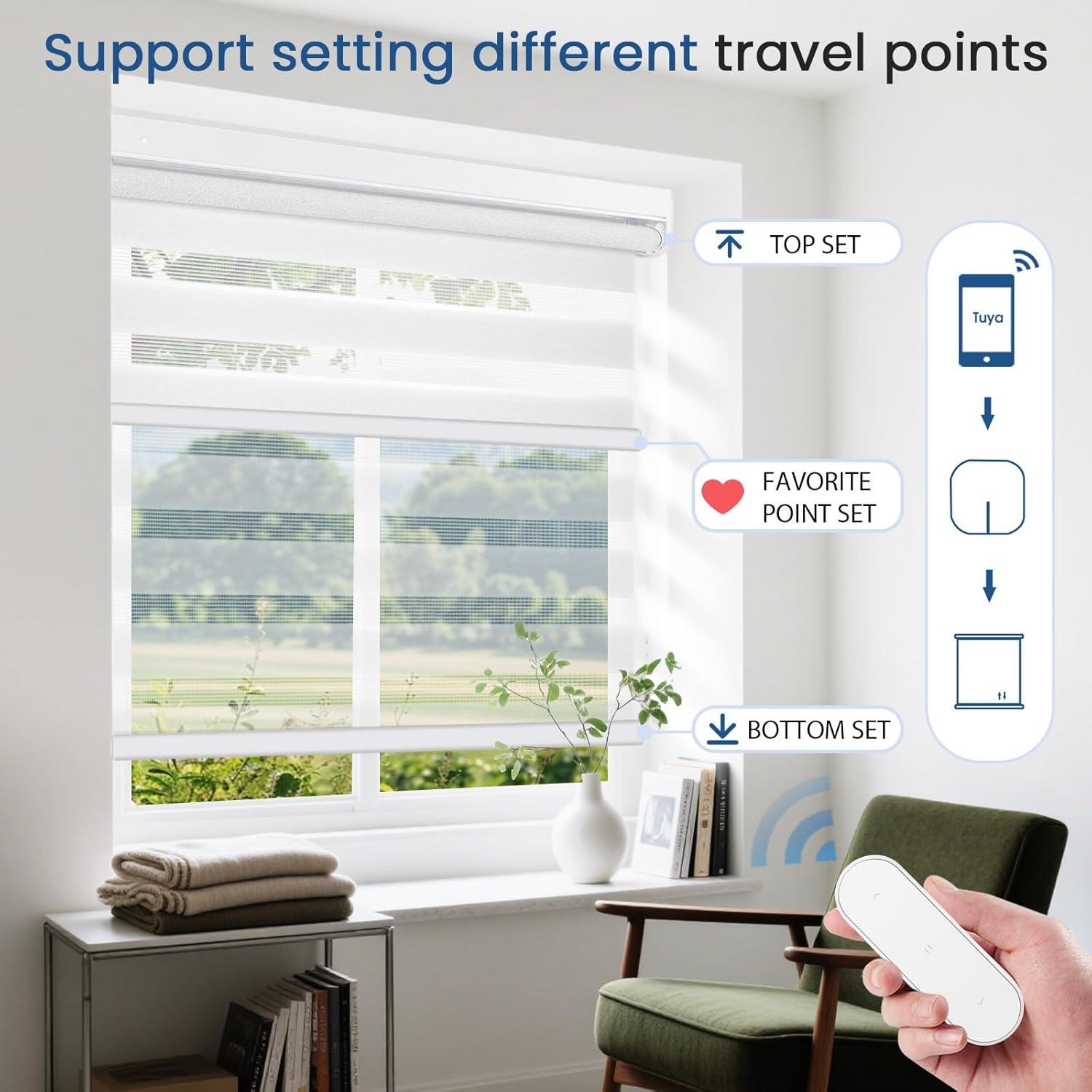 Grandekor Motorized Zebra Blinds with Remote Control,No Drill No Tools Cordless Dual Layer Zebra Blinds for Windows,Electric Zebra Shades Custom Size