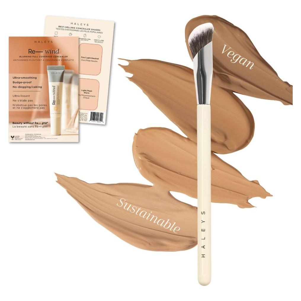HALEYS Concealer Brush VEGAN+CRUELTY-FREE, Sustainable Wood, Vegan Bristles for Airbrushed Finish, For Creams,Liquids, Powder, Streak-free, Perfect Blending, Buffs, Smooths with Control, Special shape