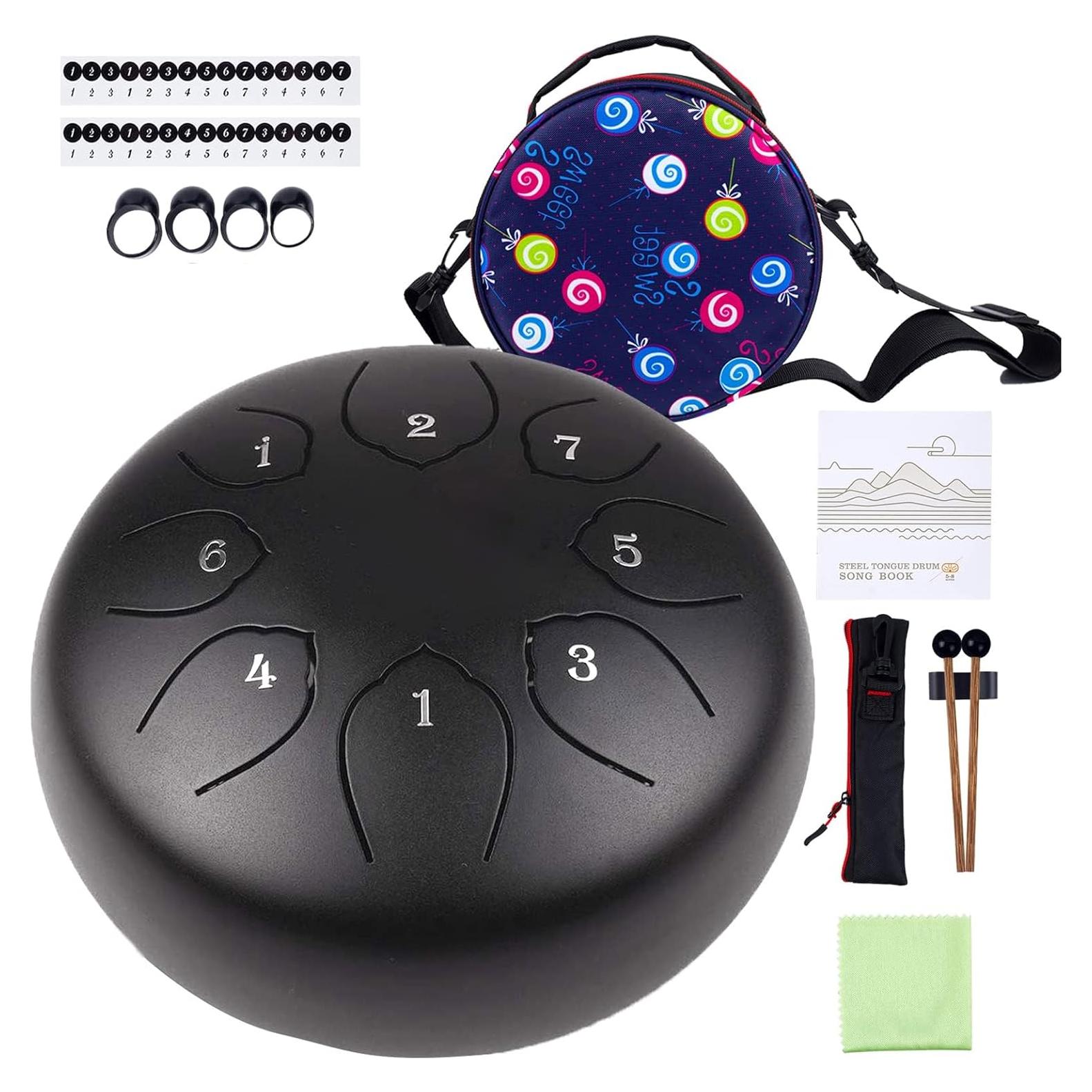 Steel Tongue Drum Kids Instrument: Musical Metal Tank Drums Set 6 Inch 8 Notes C-Key for Meditation Yoga Education Percussion with Bag, Music Book, Mallets, Finger Picks(Black)