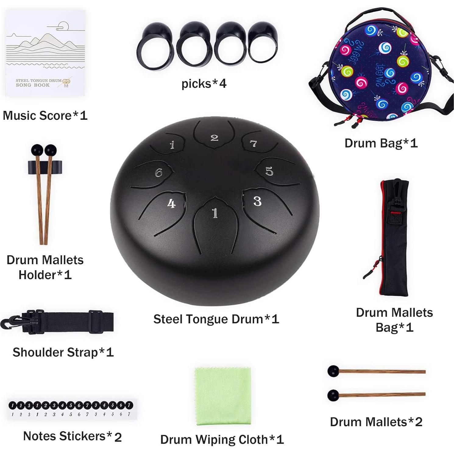 Steel Tongue Drum Kids Instrument: Musical Metal Tank Drums Set 6 Inch 8 Notes C-Key for Meditation Yoga Education Percussion with Bag, Music Book, Mallets, Finger Picks(Black)