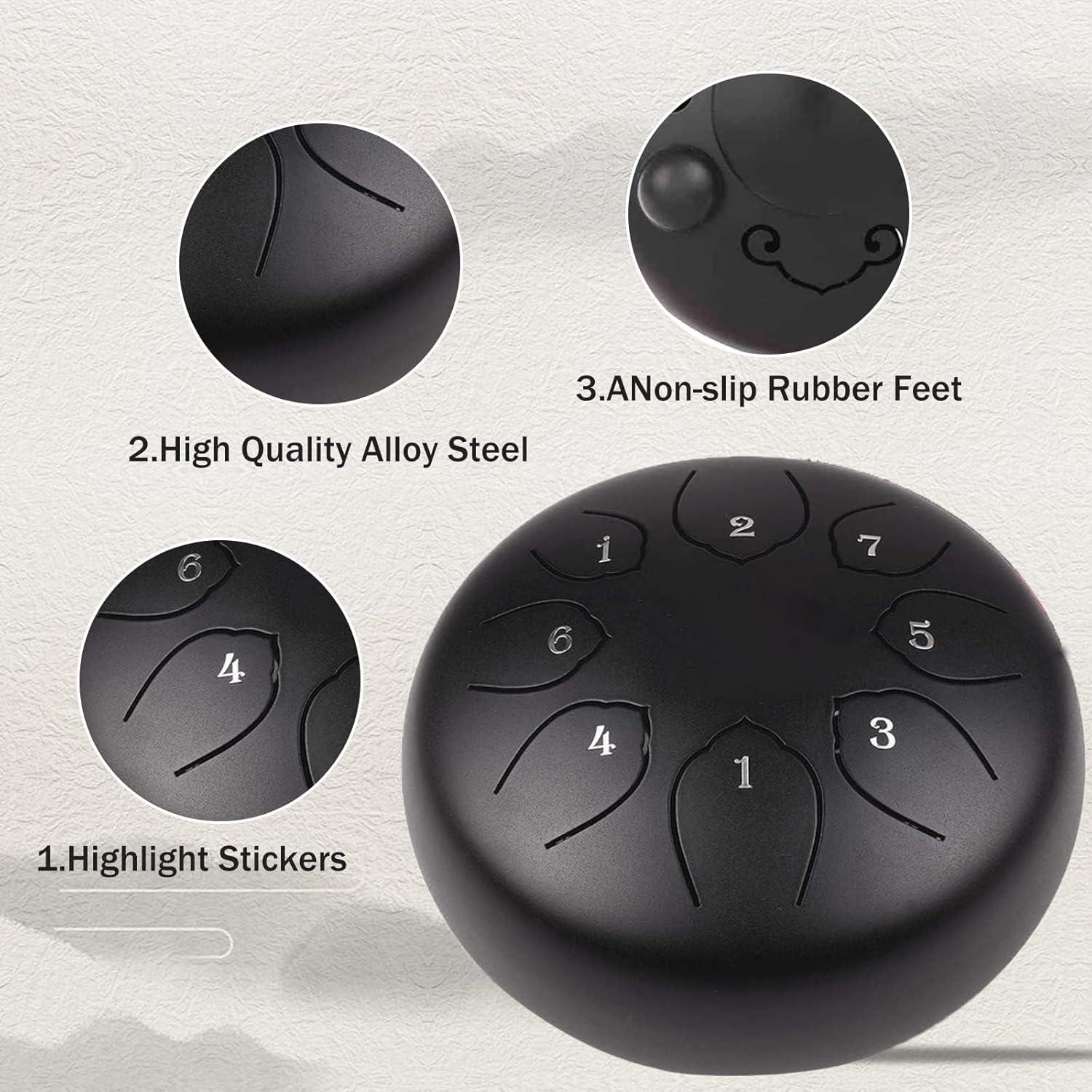 Steel Tongue Drum Kids Instrument: Musical Metal Tank Drums Set 6 Inch 8 Notes C-Key for Meditation Yoga Education Percussion with Bag, Music Book, Mallets, Finger Picks(Black)