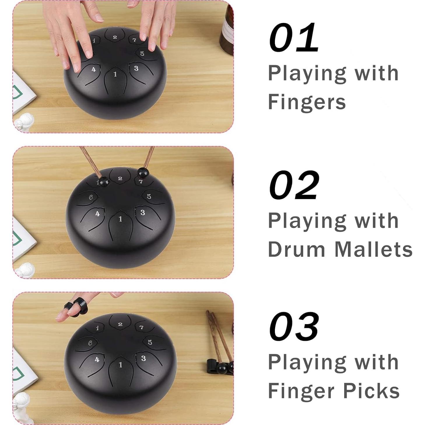 Steel Tongue Drum Kids Instrument: Musical Metal Tank Drums Set 6 Inch 8 Notes C-Key for Meditation Yoga Education Percussion with Bag, Music Book, Mallets, Finger Picks(Black)