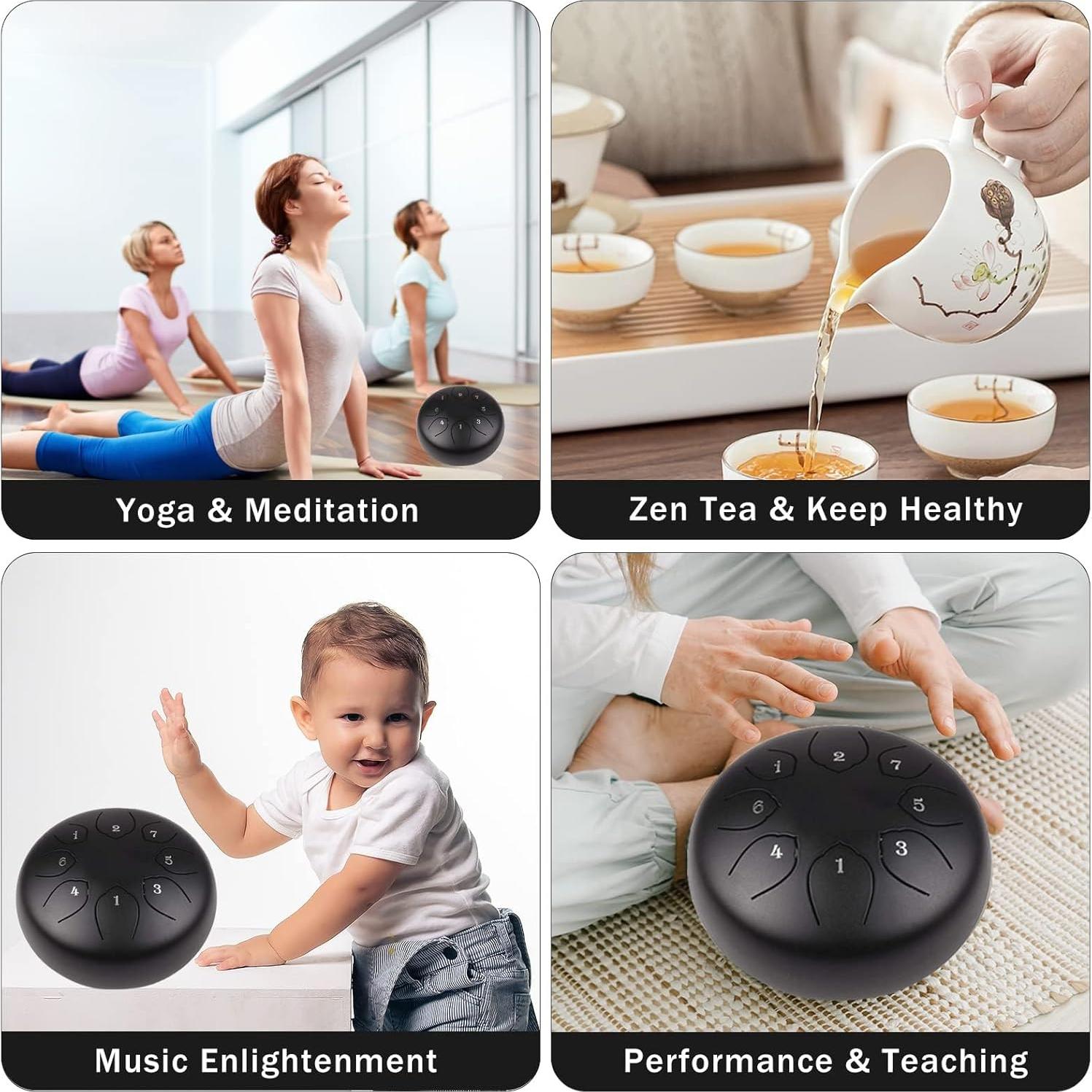 Steel Tongue Drum Kids Instrument: Musical Metal Tank Drums Set 6 Inch 8 Notes C-Key for Meditation Yoga Education Percussion with Bag, Music Book, Mallets, Finger Picks(Black)