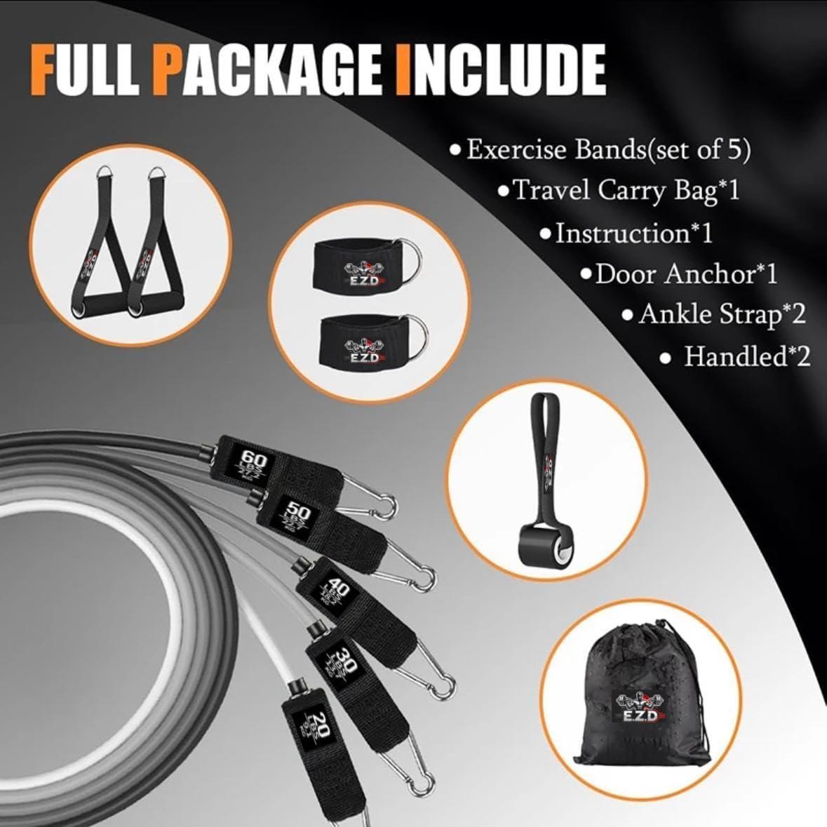 EZD Resistance Bands – 200 LBS Workout Bands for Strength Training, Exercise Bands with Handles, Door Anchor, Ankle Straps – Adjustable Resistance for Home Gym & Physical Therapy