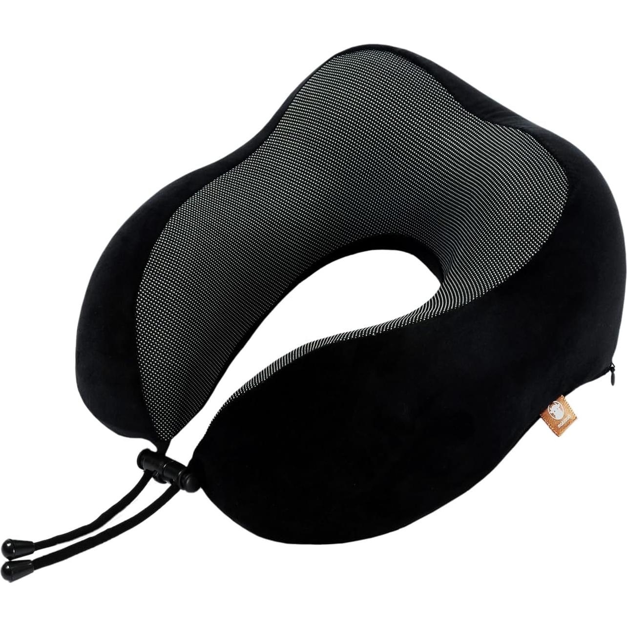 Memory Foam Travel Pillow, Neck Pillow with 360-Degree Head Support, Comfortable and Lightweight, Ideal for Sleeping on Airplane, Car, Train, Bus and Home Use, Comes with Storage Bag (Black)