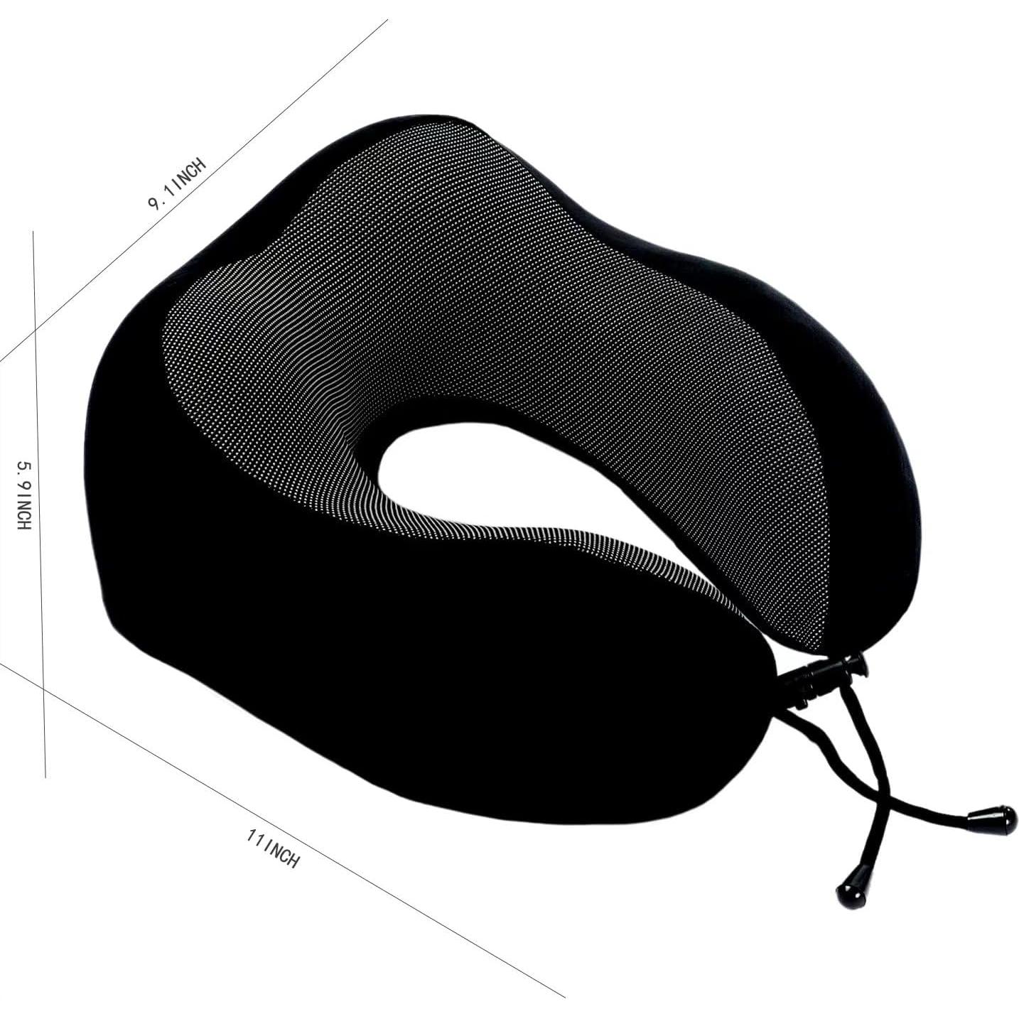 Memory Foam Travel Pillow, Neck Pillow with 360-Degree Head Support, Comfortable and Lightweight, Ideal for Sleeping on Airplane, Car, Train, Bus and Home Use, Comes with Storage Bag (Black)