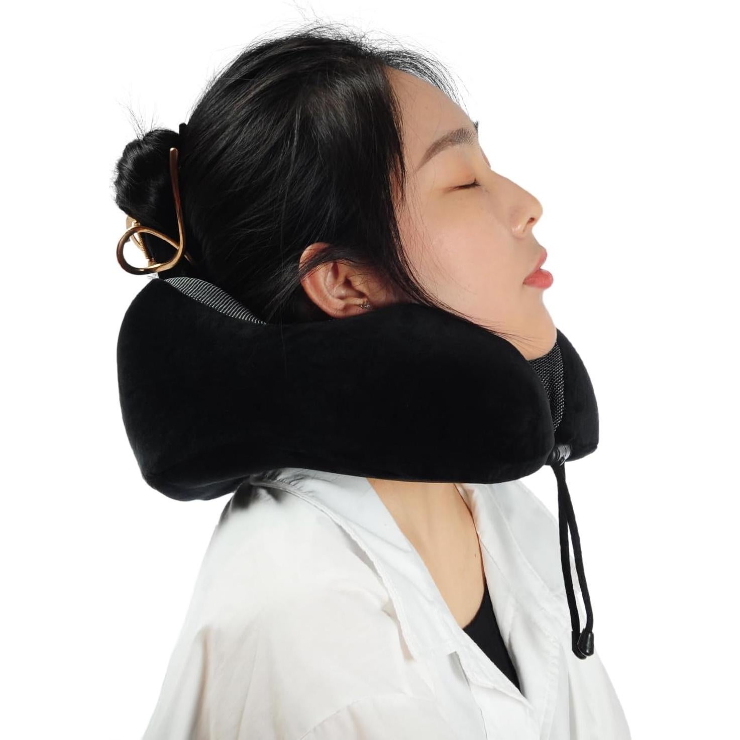 Memory Foam Travel Pillow, Neck Pillow with 360-Degree Head Support, Comfortable and Lightweight, Ideal for Sleeping on Airplane, Car, Train, Bus and Home Use, Comes with Storage Bag (Black)